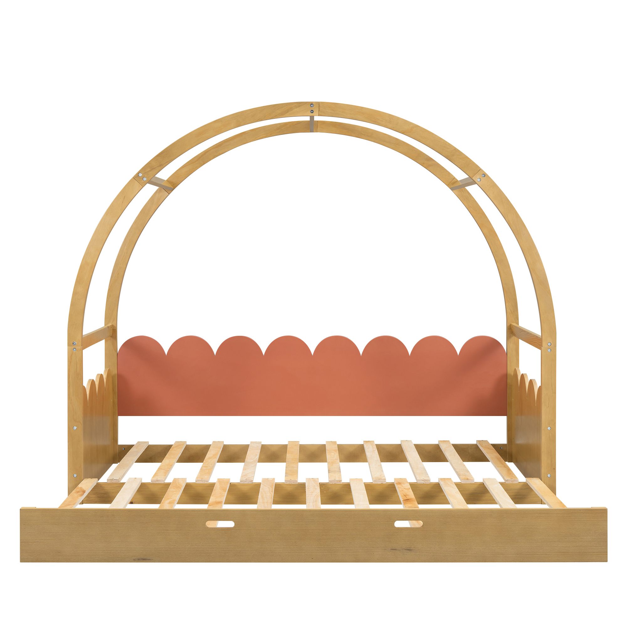 Twin size stretchable vaulted roof bed, children's bed pine wood frame, White+gray / Brown+Orang