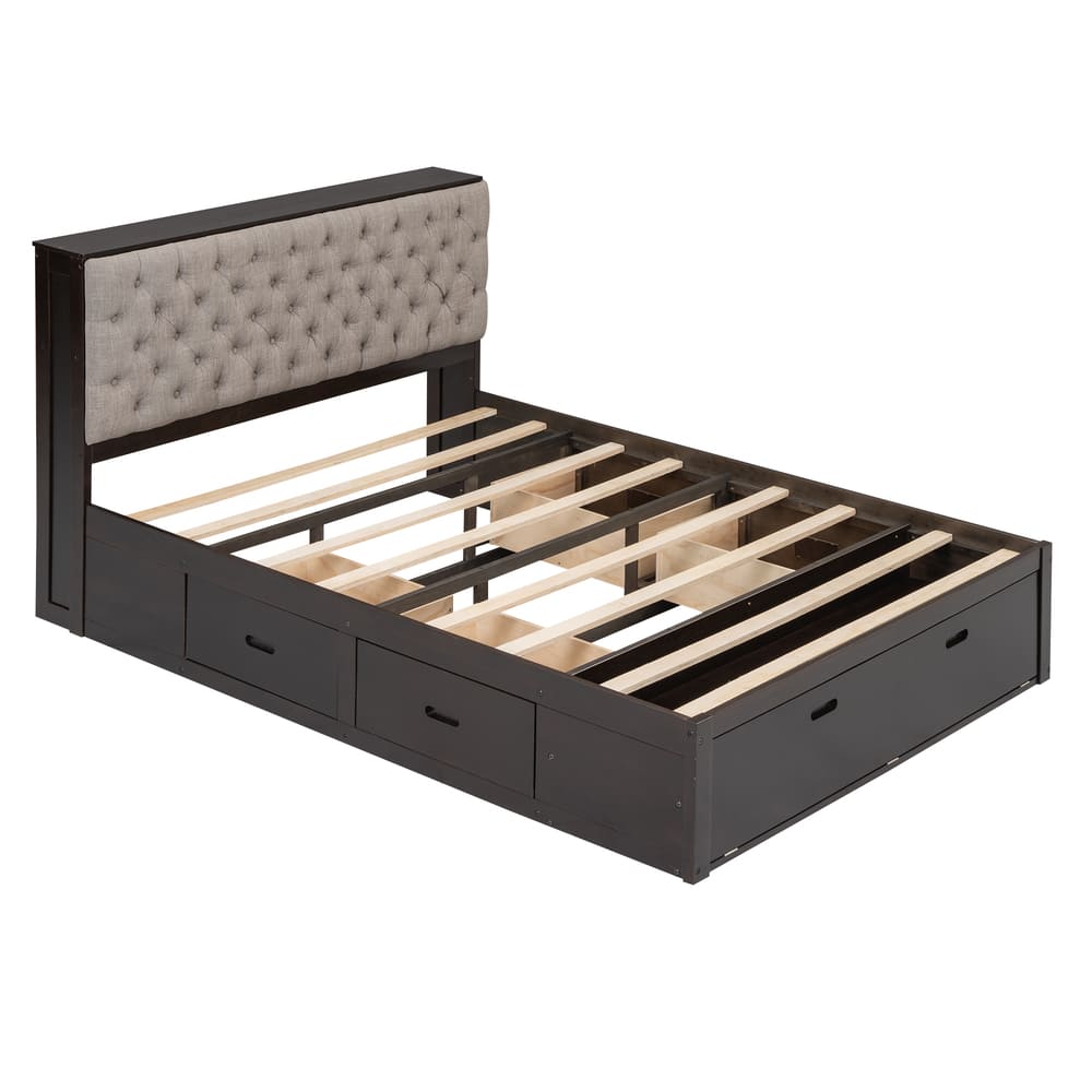 Wood Queen Size Platform Bed with Storage Headboard, shoe rack and 4 drawers,Espresso/Gray