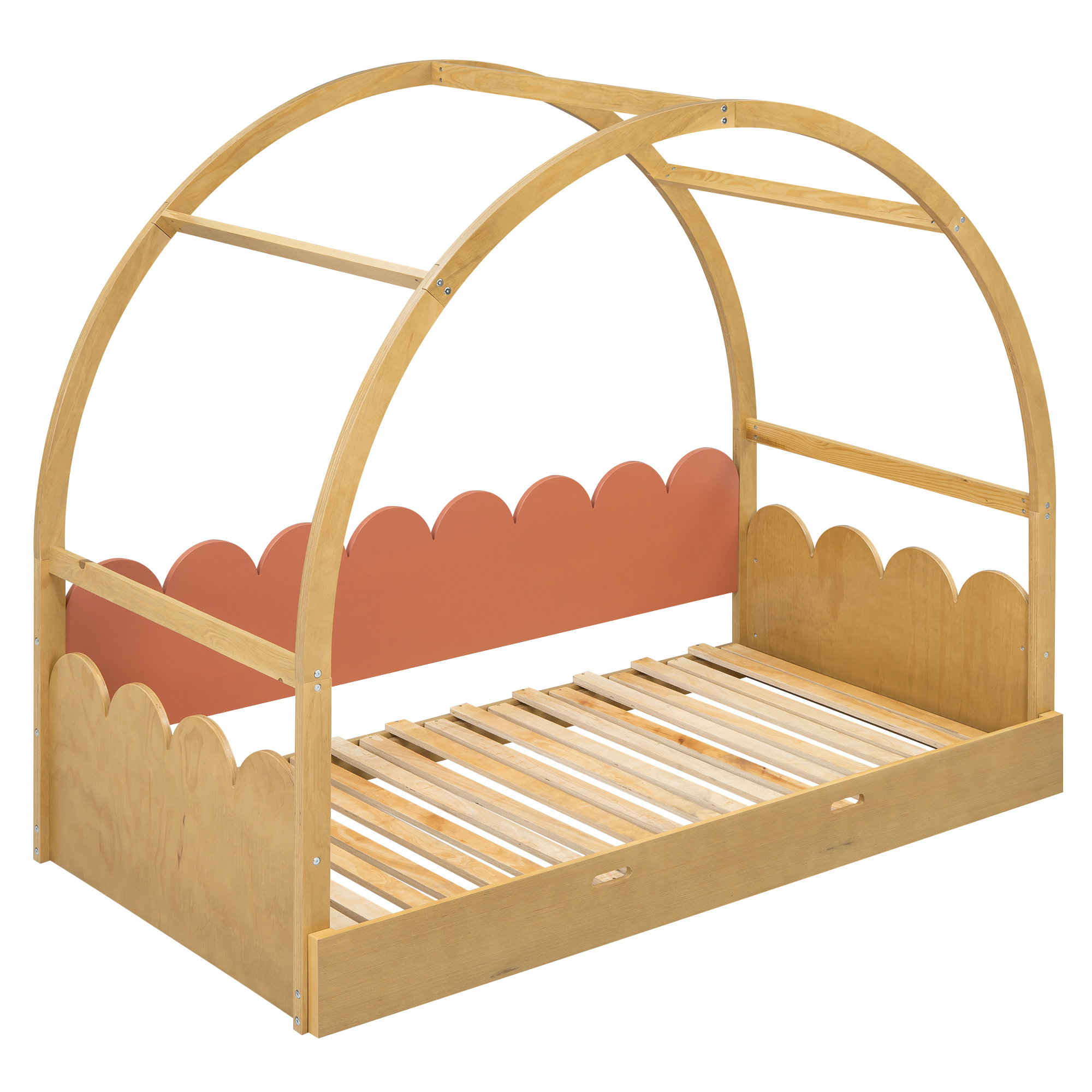 Twin size stretchable vaulted roof bed, children's bed pine wood frame, White+gray / Brown+Orang