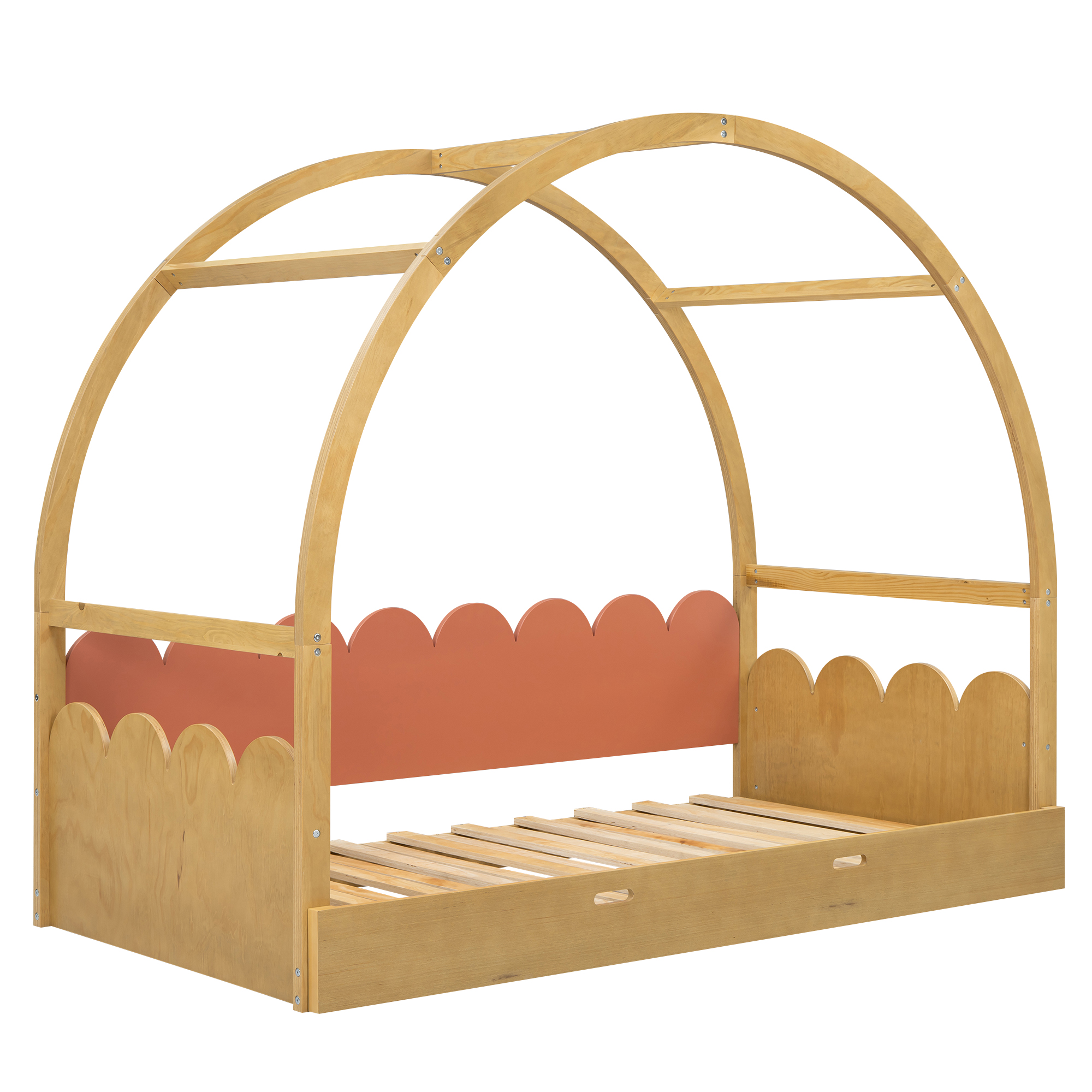 Twin size stretchable vaulted roof bed, children's bed pine wood frame, White+gray / Brown+Orang