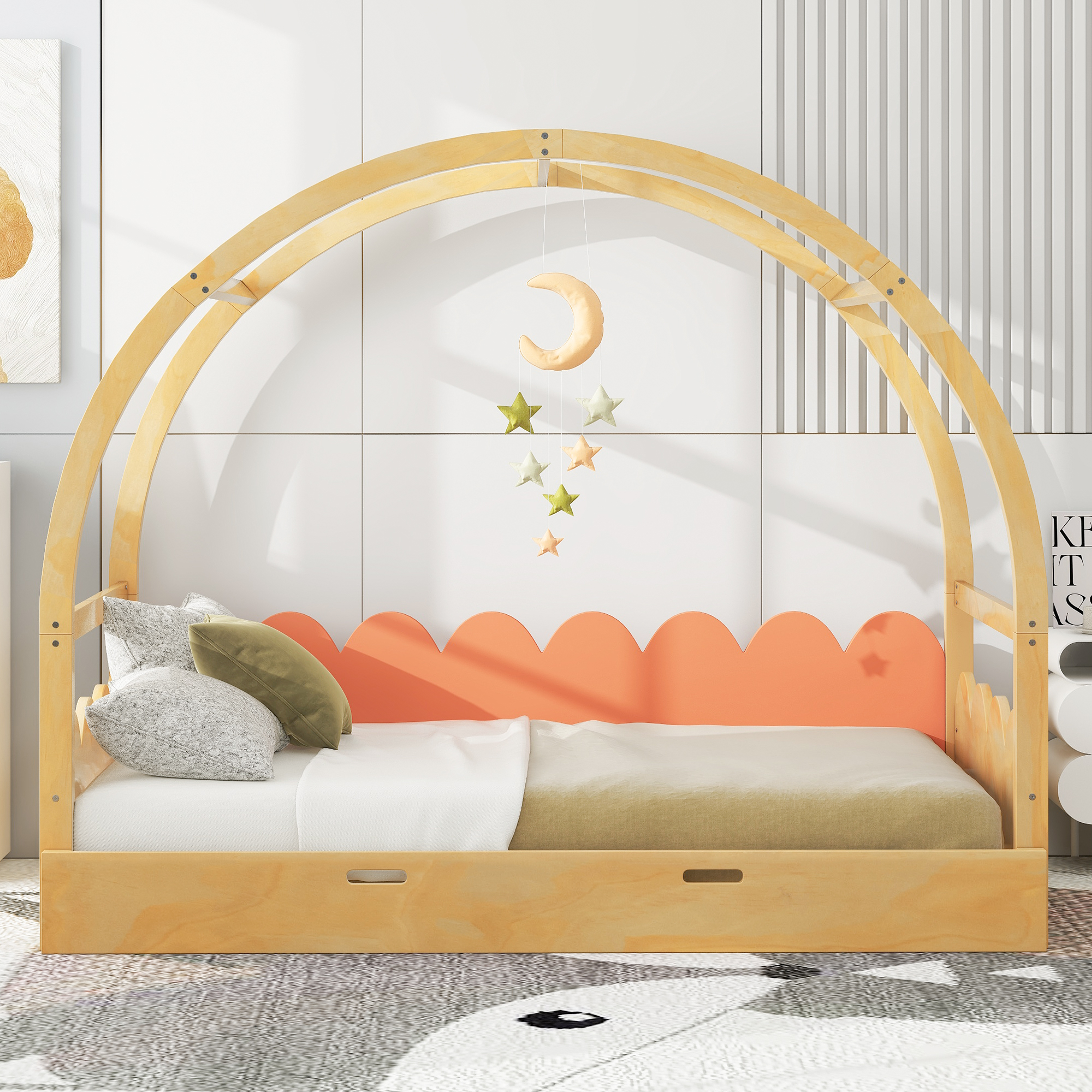 Twin size stretchable vaulted roof bed, children's bed pine wood frame, White+gray / Brown+Orang