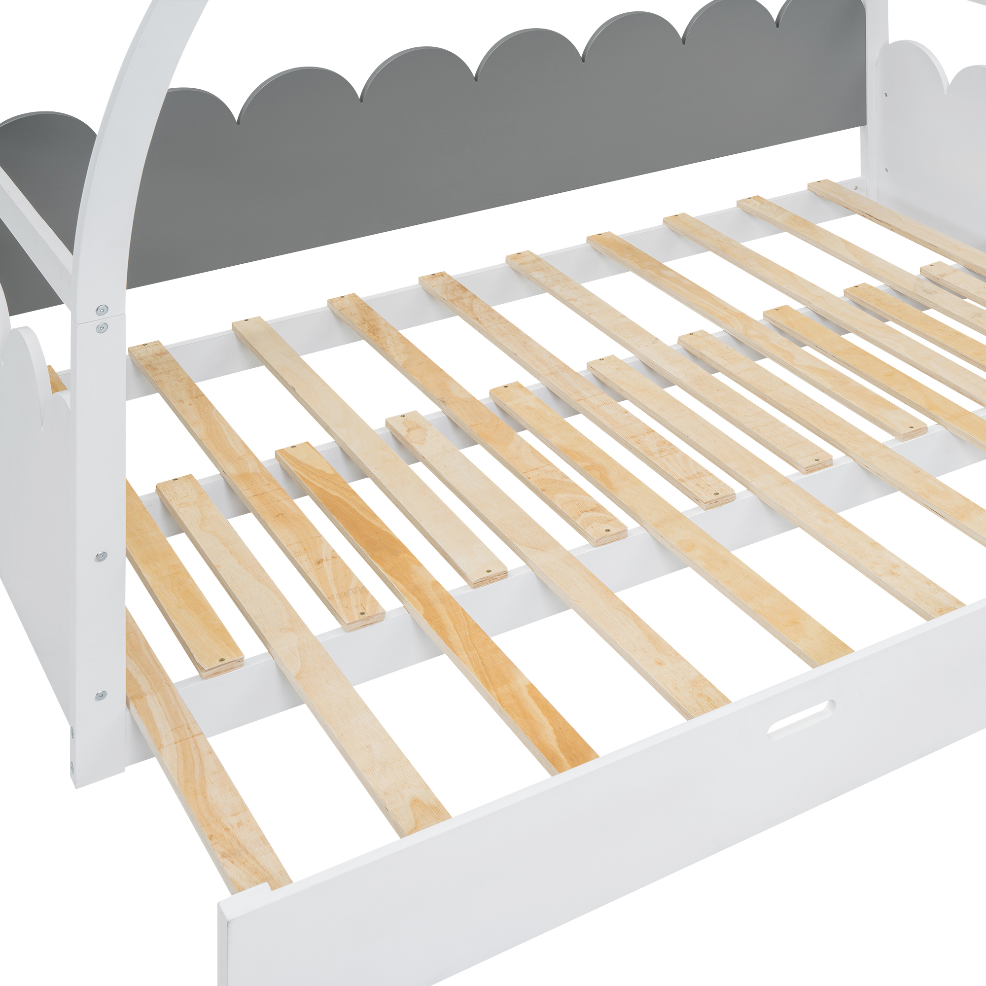 Twin size stretchable vaulted roof bed, children's bed pine wood frame, White+gray / Brown+Orang