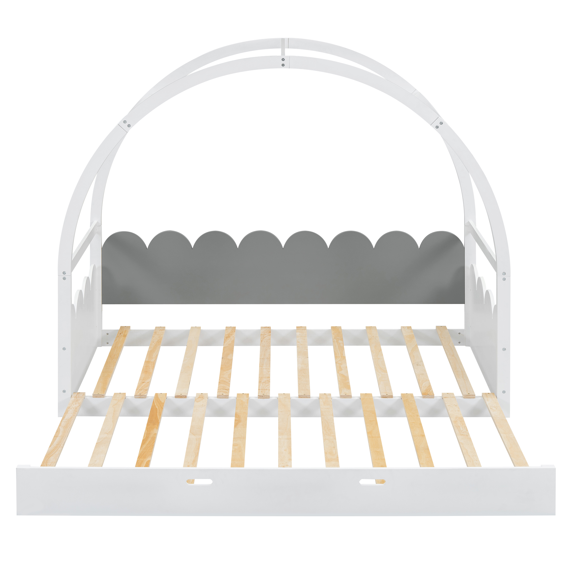 Twin size stretchable vaulted roof bed, children's bed pine wood frame, White+gray / Brown+Orang