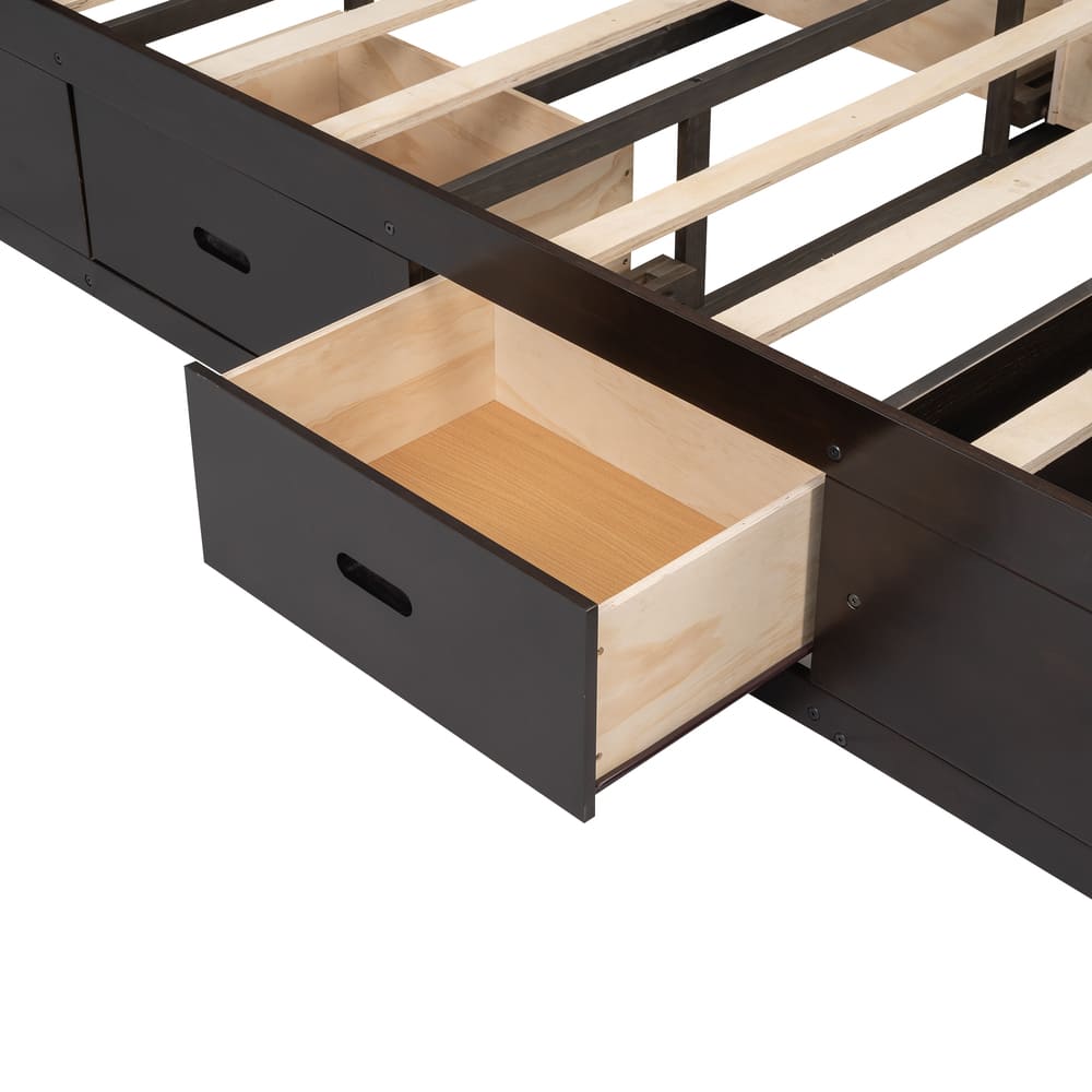 Wood Queen Size Platform Bed with Storage Headboard, shoe rack and 4 drawers,Espresso/Gray