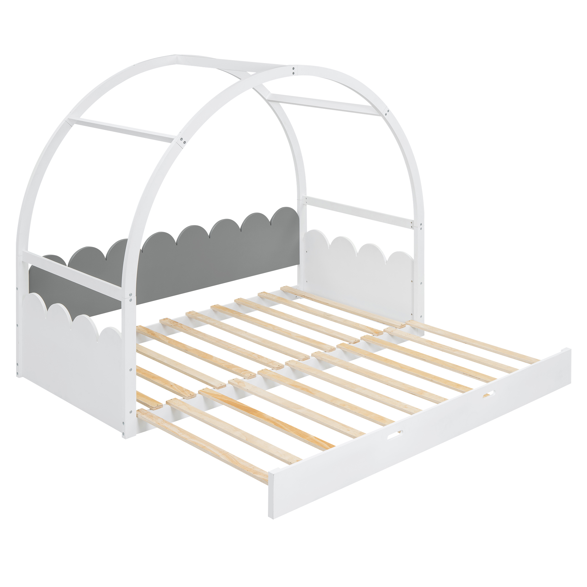Twin size stretchable vaulted roof bed, children's bed pine wood frame, White+gray / Brown+Orang