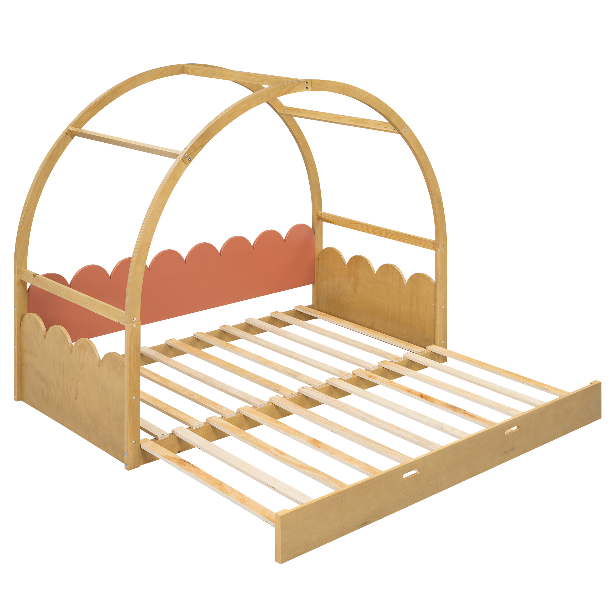 Twin size stretchable vaulted roof bed, children's bed pine wood frame, White+gray / Brown+Orang