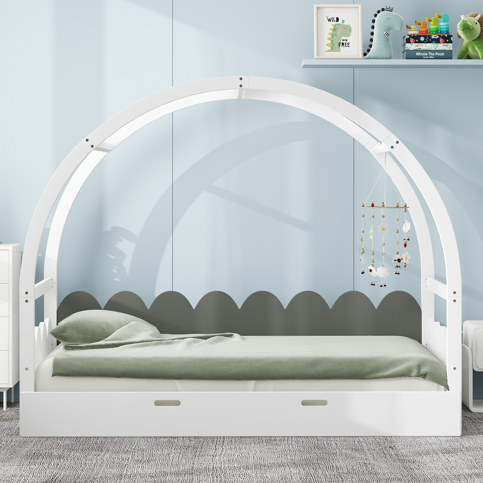 Twin size stretchable vaulted roof bed, children's bed pine wood frame, White+gray / Brown+Orang