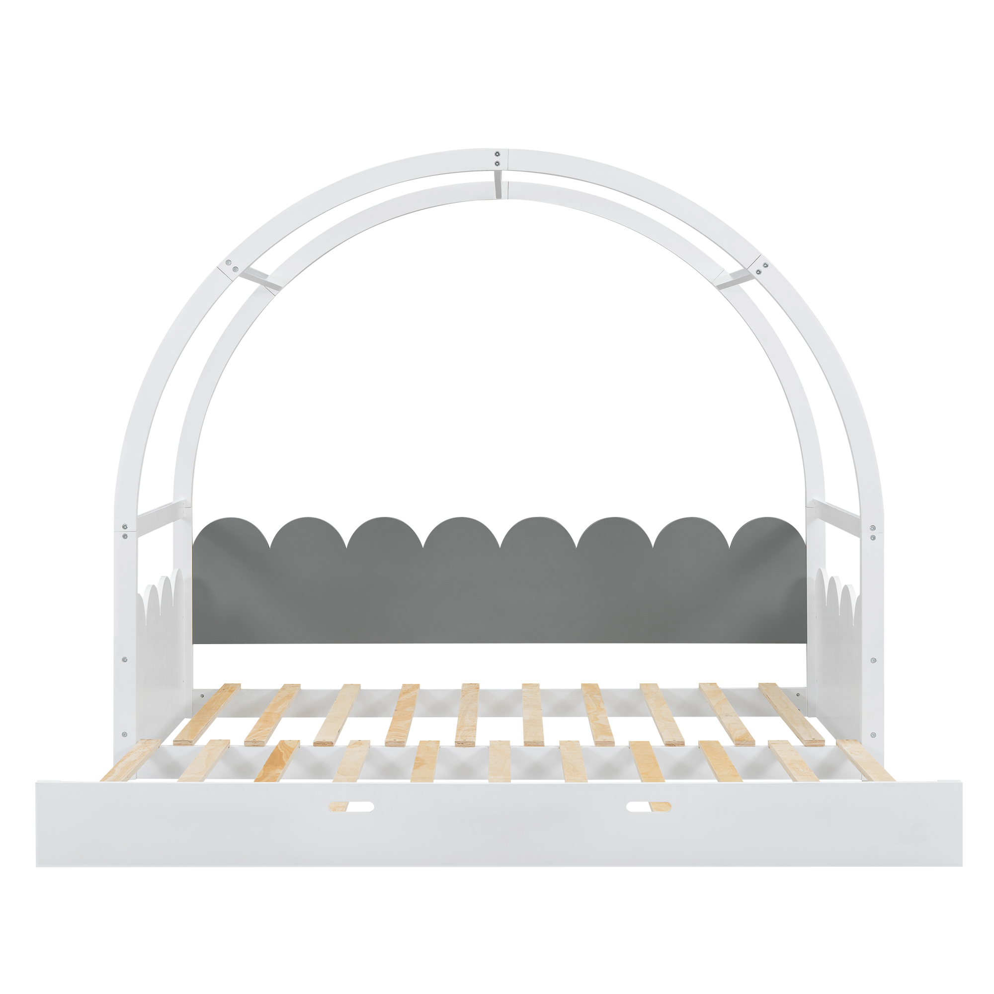 Twin size stretchable vaulted roof bed, children's bed pine wood frame, White+gray / Brown+Orang