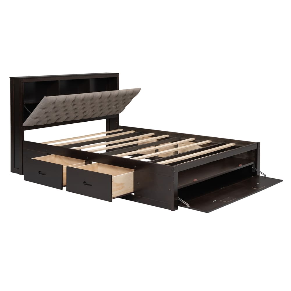 Wood Queen Size Platform Bed with Storage Headboard, shoe rack and 4 drawers,Espresso/Gray