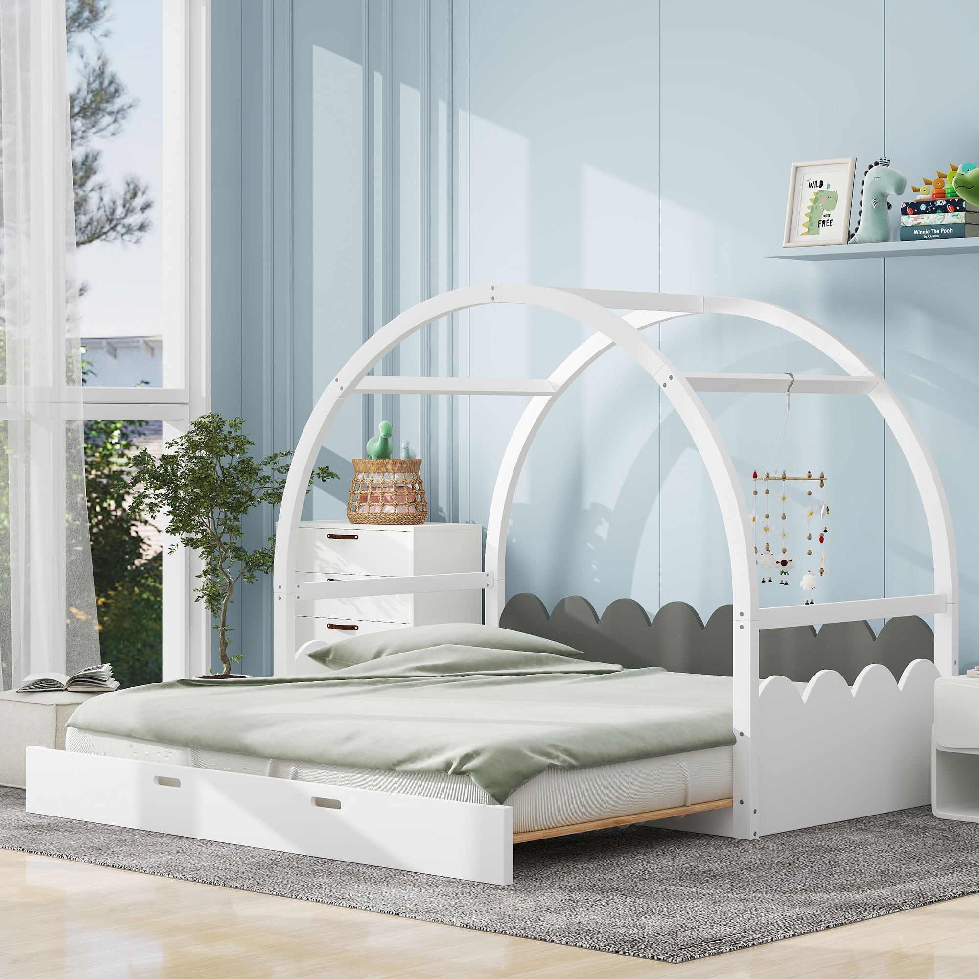 Twin size stretchable vaulted roof bed, children's bed pine wood frame, White+gray / Brown+Orang