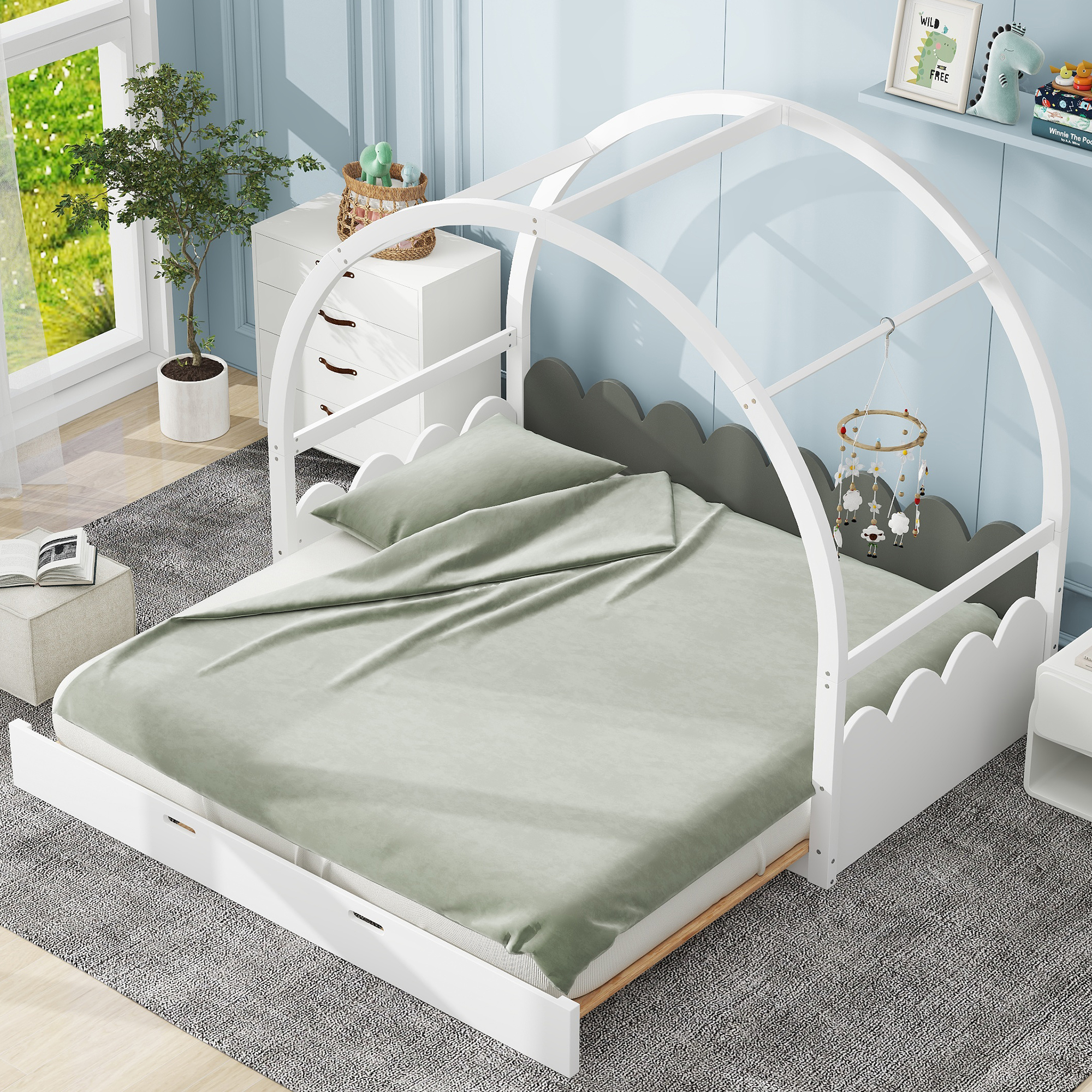 Twin size stretchable vaulted roof bed, children's bed pine wood frame, White+gray / Brown+Orang