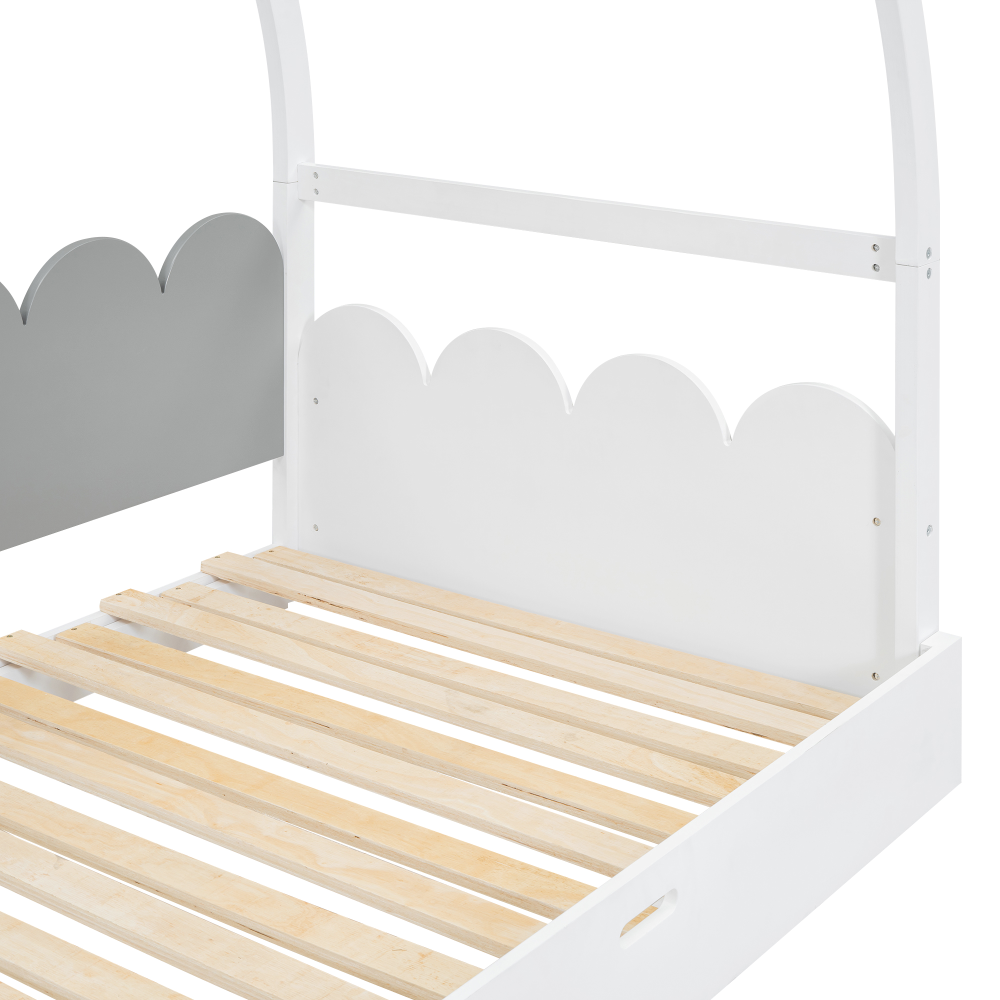 Twin size stretchable vaulted roof bed, children's bed pine wood frame, White+gray / Brown+Orang