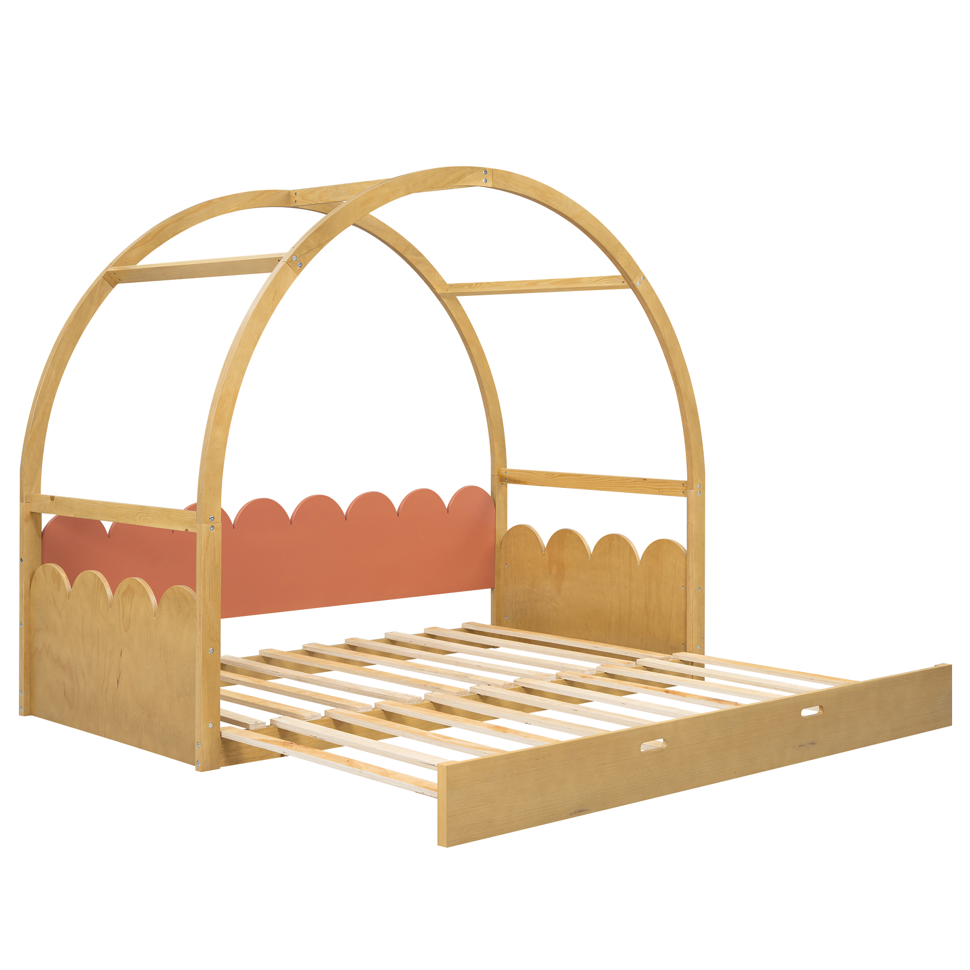 Twin size stretchable vaulted roof bed, children's bed pine wood frame, White+gray / Brown+Orang