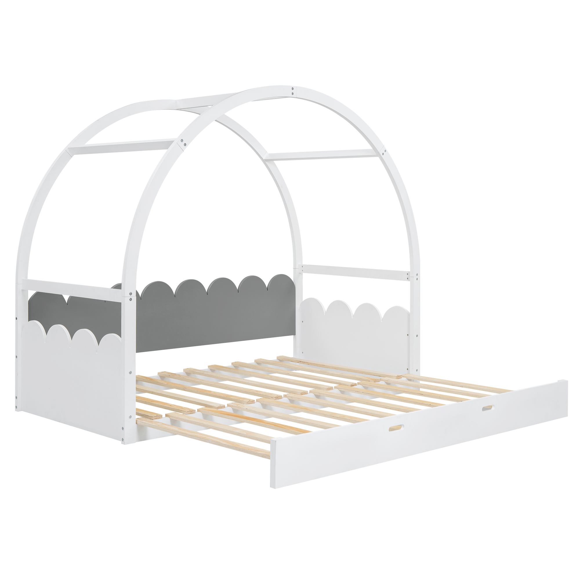 Twin size stretchable vaulted roof bed, children's bed pine wood frame, White+gray / Brown+Orang