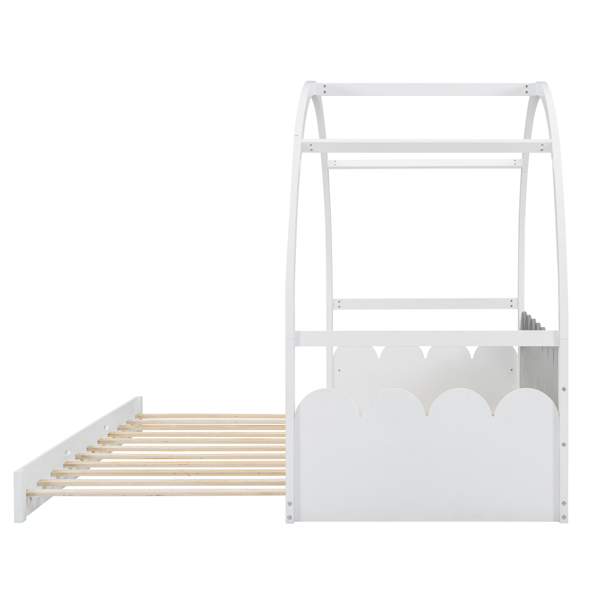 Twin size stretchable vaulted roof bed, children's bed pine wood frame, White+gray / Brown+Orang