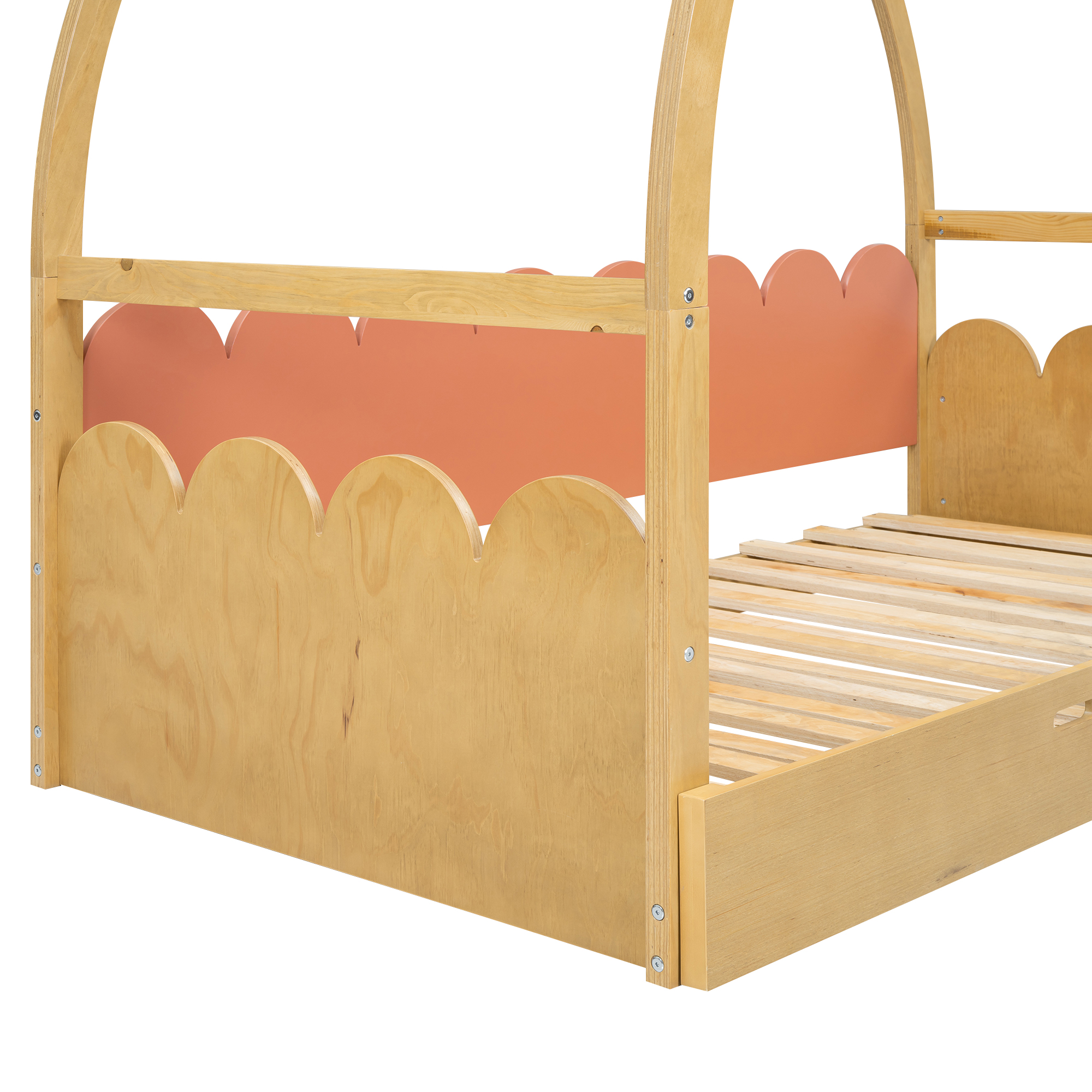 Twin size stretchable vaulted roof bed, children's bed pine wood frame, White+gray / Brown+Orang