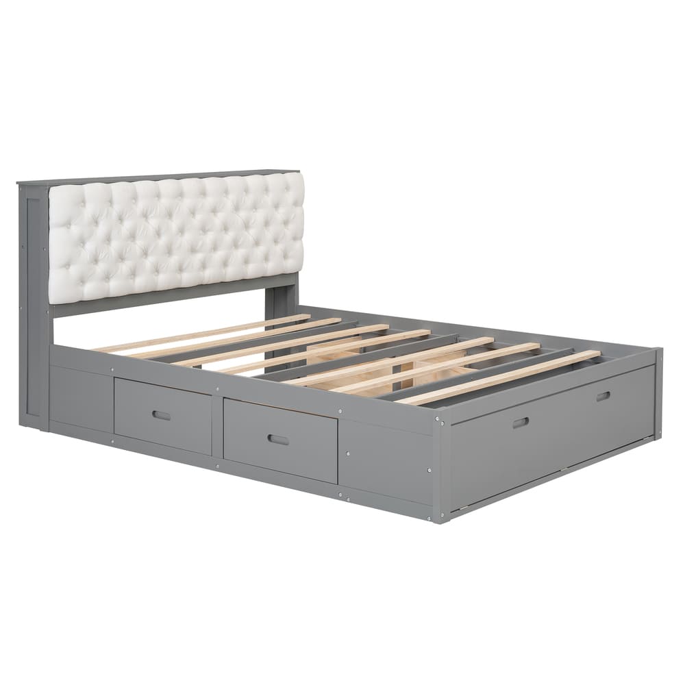 Wood Queen Size Platform Bed with Storage Headboard, shoe rack and 4 drawers,Espresso/Gray