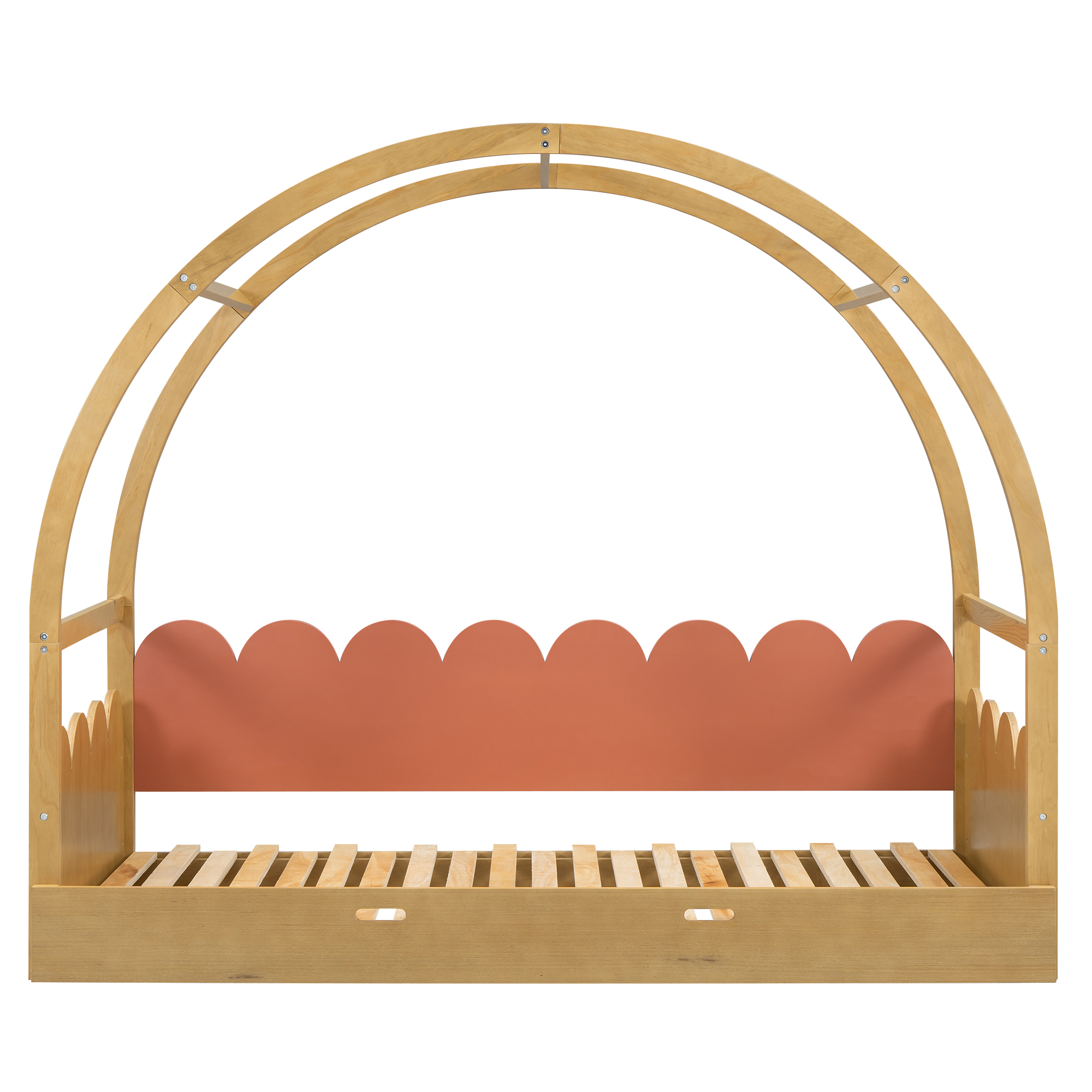 Twin size stretchable vaulted roof bed, children's bed pine wood frame, White+gray / Brown+Orang