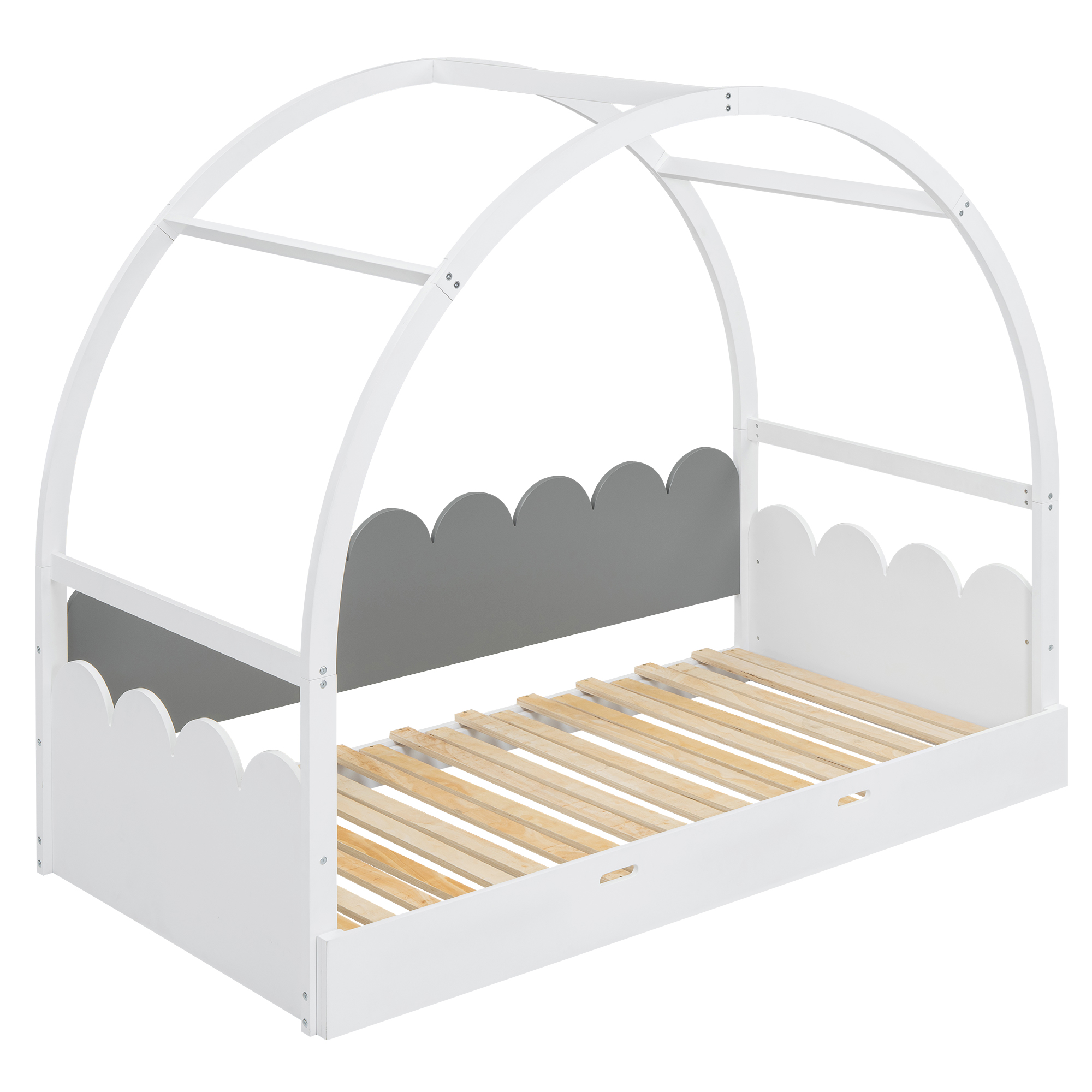 Twin size stretchable vaulted roof bed, children's bed pine wood frame, White+gray / Brown+Orang