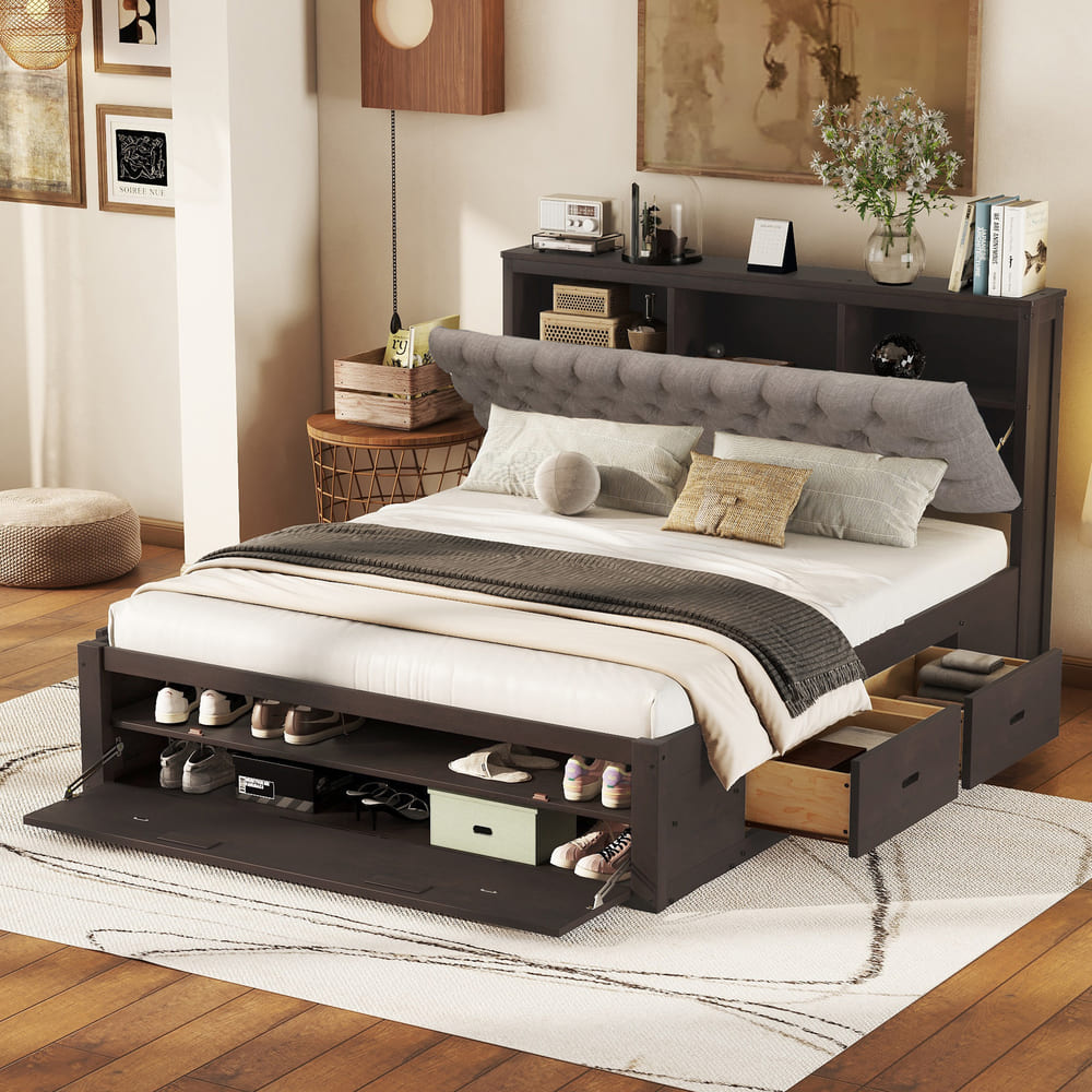 Wood Queen Size Platform Bed with Storage Headboard, shoe rack and 4 drawers,Espresso/Gray