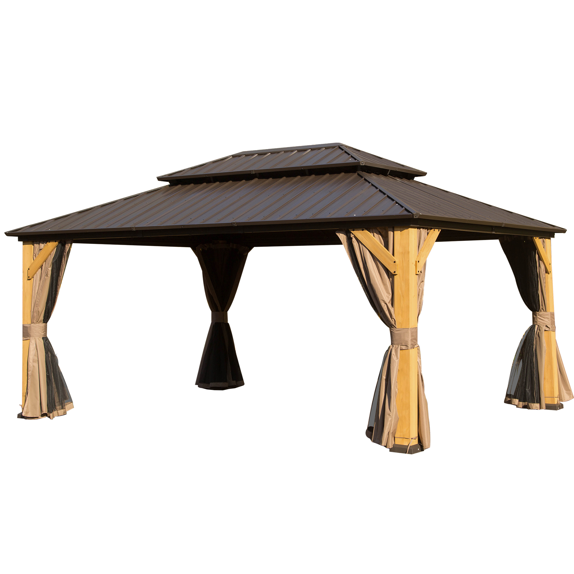Outdoor Cedar Wood Frame Canopy with Galvanized Steel Double Roof, Outdoor Permanent Metal Pavilion with Curtains and Netting for Patio, Backyard and Lawn