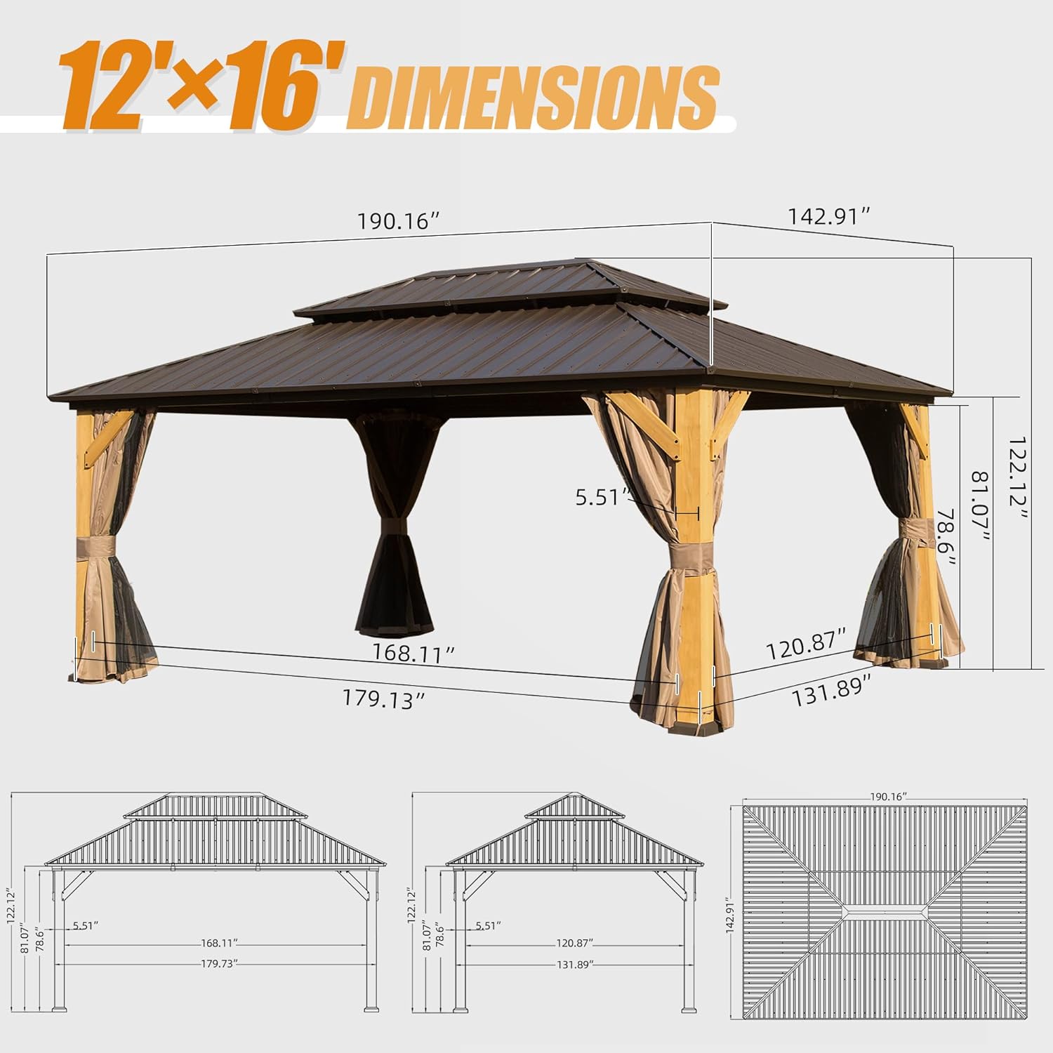 Outdoor Cedar Wood Frame Canopy with Galvanized Steel Double Roof, Outdoor Permanent Metal Pavilion with Curtains and Netting for Patio, Backyard and Lawn