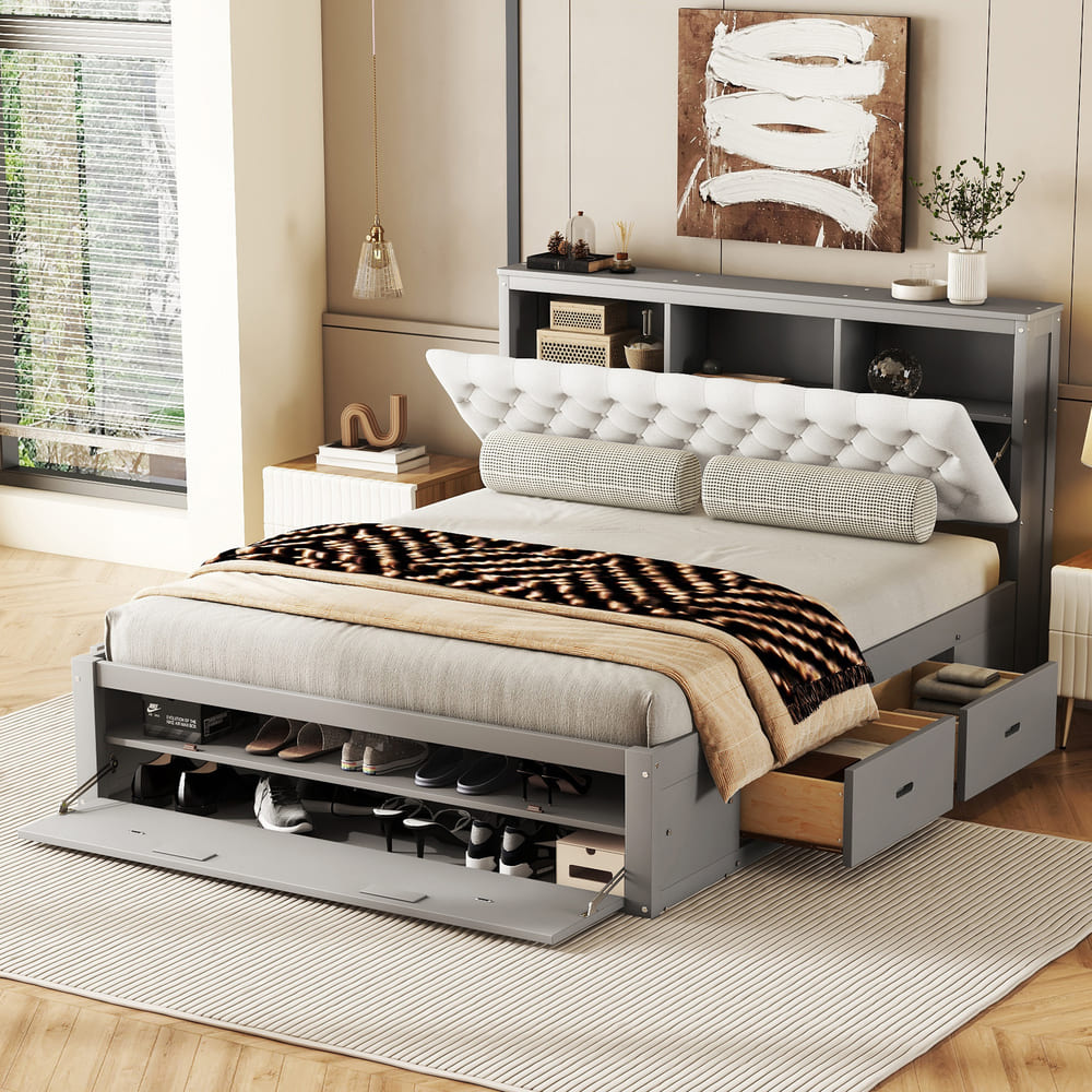 Wood Queen Size Platform Bed with Storage Headboard, shoe rack and 4 drawers,Espresso/Gray