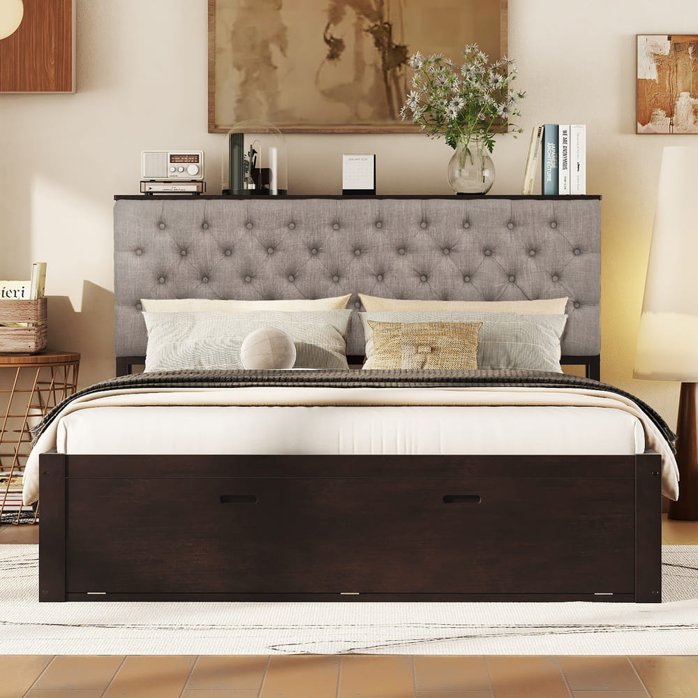 Wood Queen Size Platform Bed with Storage Headboard, shoe rack and 4 drawers,Espresso/Gray