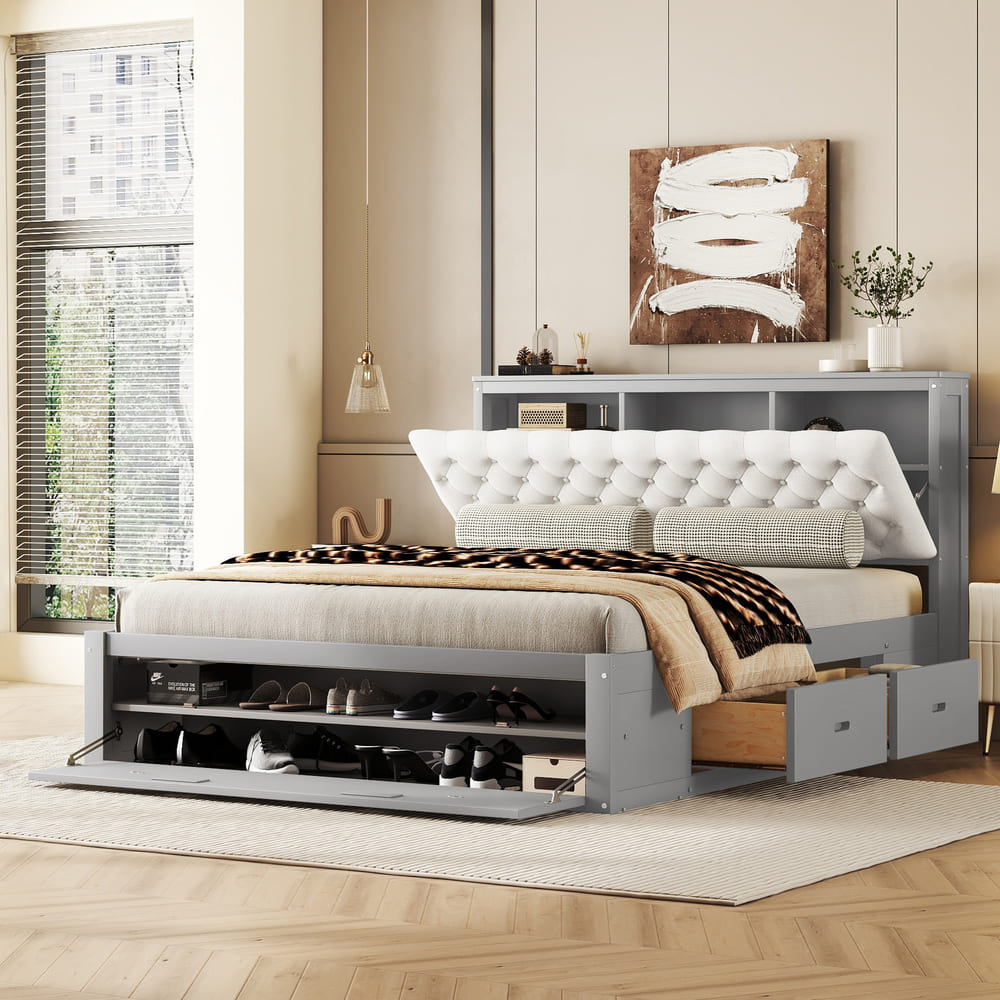 Wood Queen Size Platform Bed with Storage Headboard, shoe rack and 4 drawers,Espresso/Gray