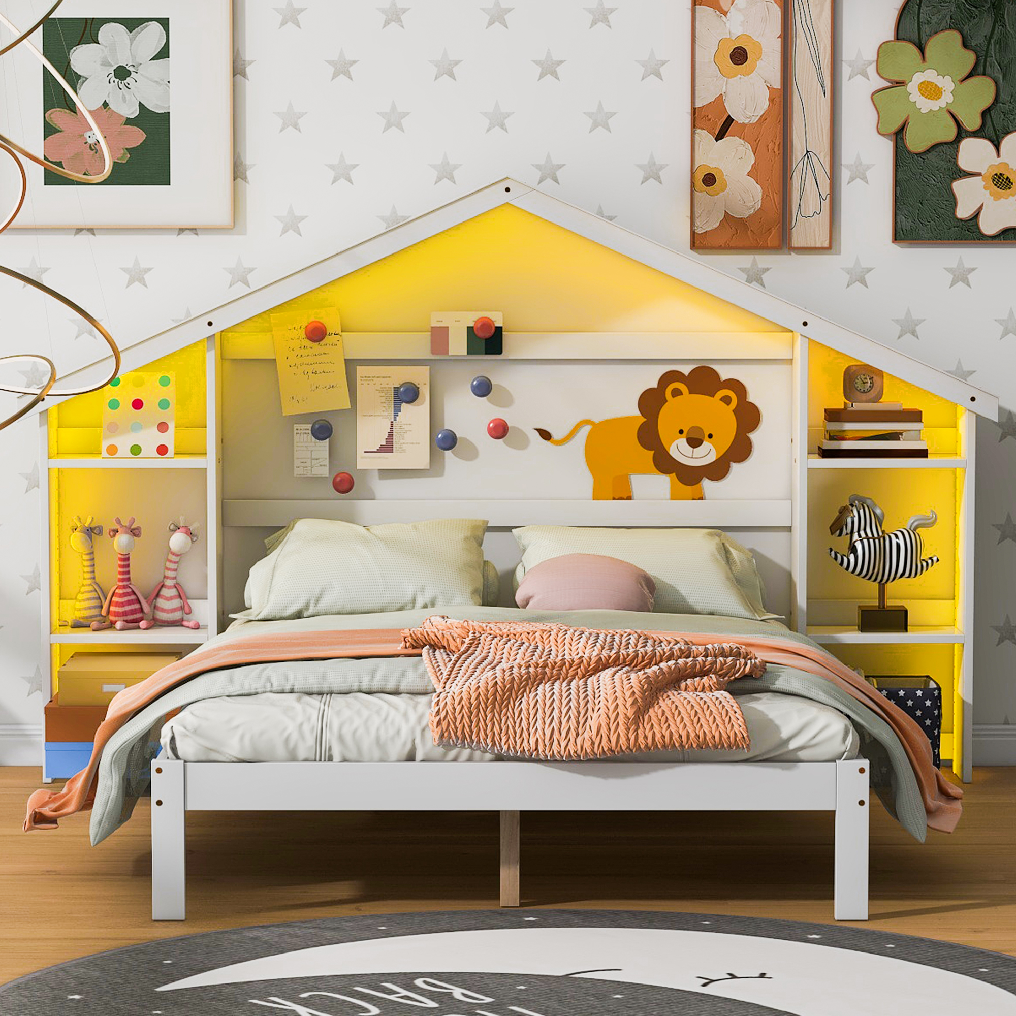 Wood Full/Twin Size Platform Bed with House-shaped Storage Headboard and Built-in LED, White /Pink