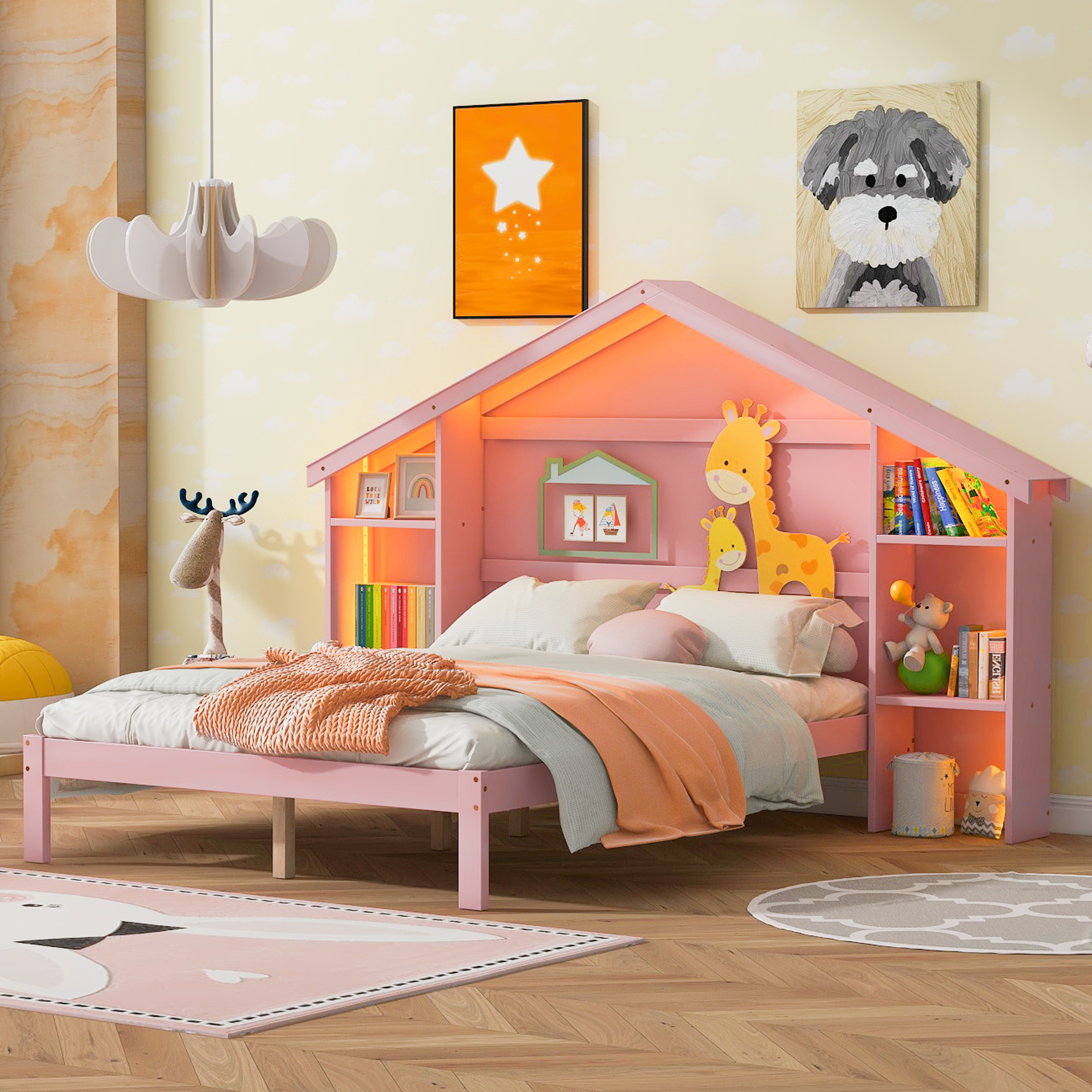 Wood Full/Twin Size Platform Bed with House-shaped Storage Headboard and Built-in LED, White /Pink