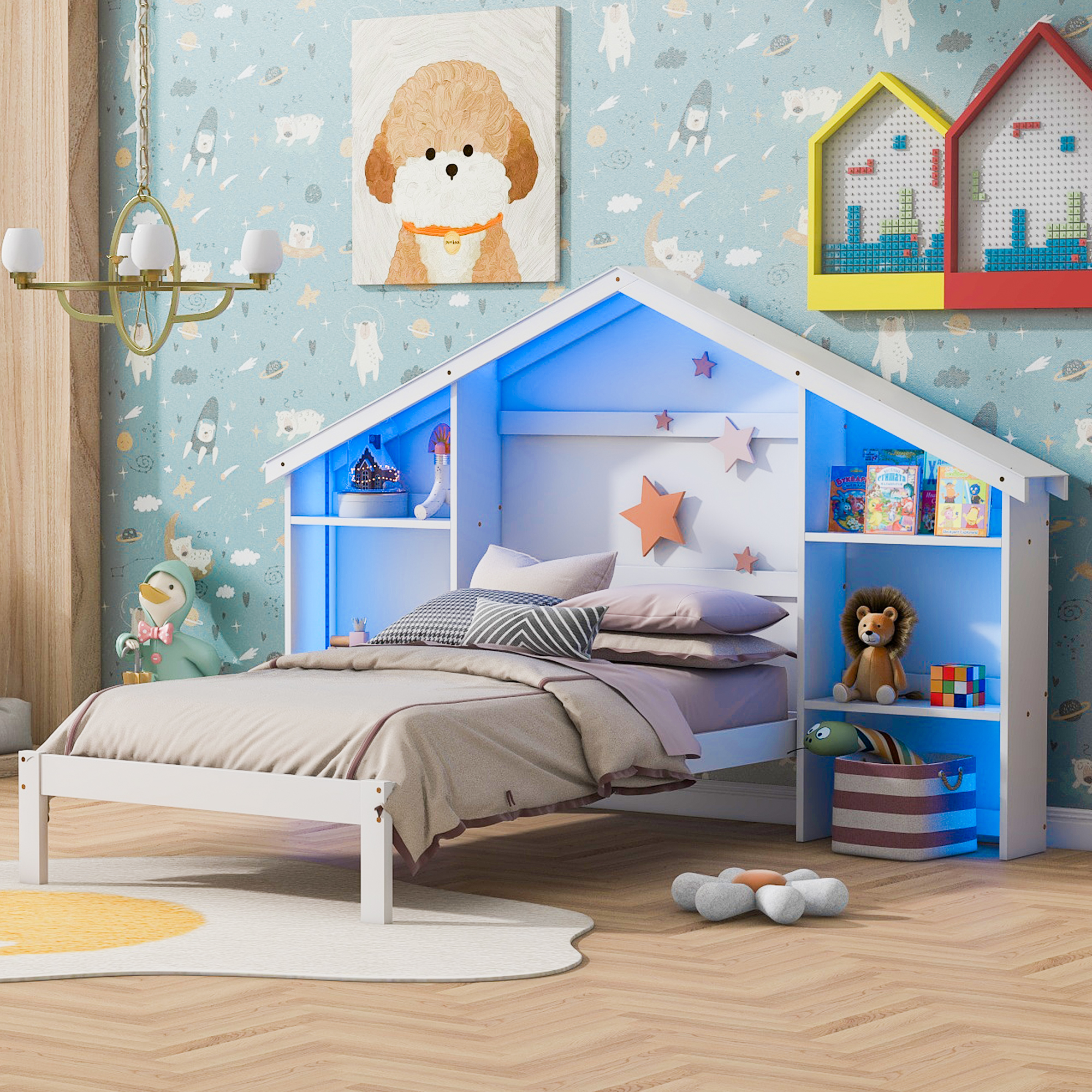 Wood Full/Twin Size Platform Bed with House-shaped Storage Headboard and Built-in LED, White /Pink