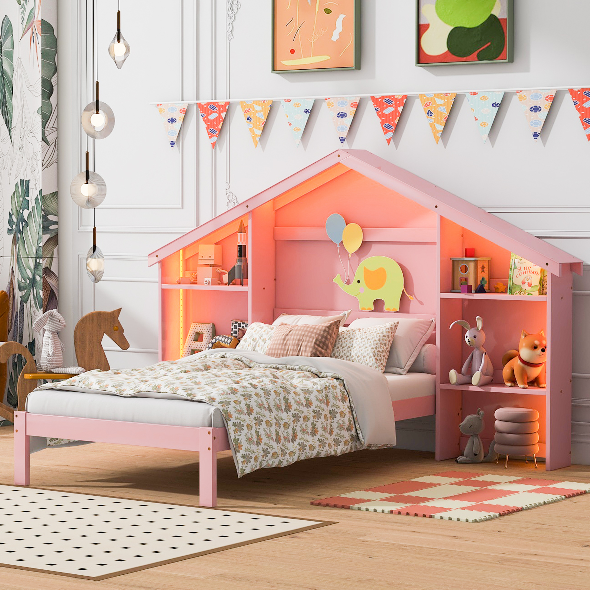 Wood Full/Twin Size Platform Bed with House-shaped Storage Headboard and Built-in LED, White /Pink