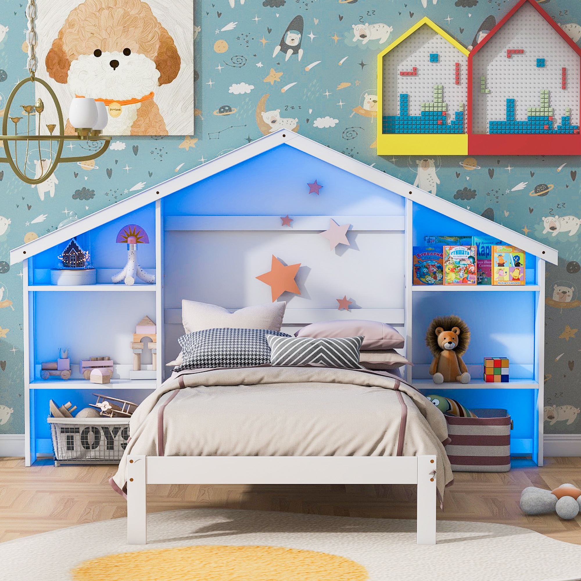 Wood Full/Twin Size Platform Bed with House-shaped Storage Headboard and Built-in LED, White /Pink