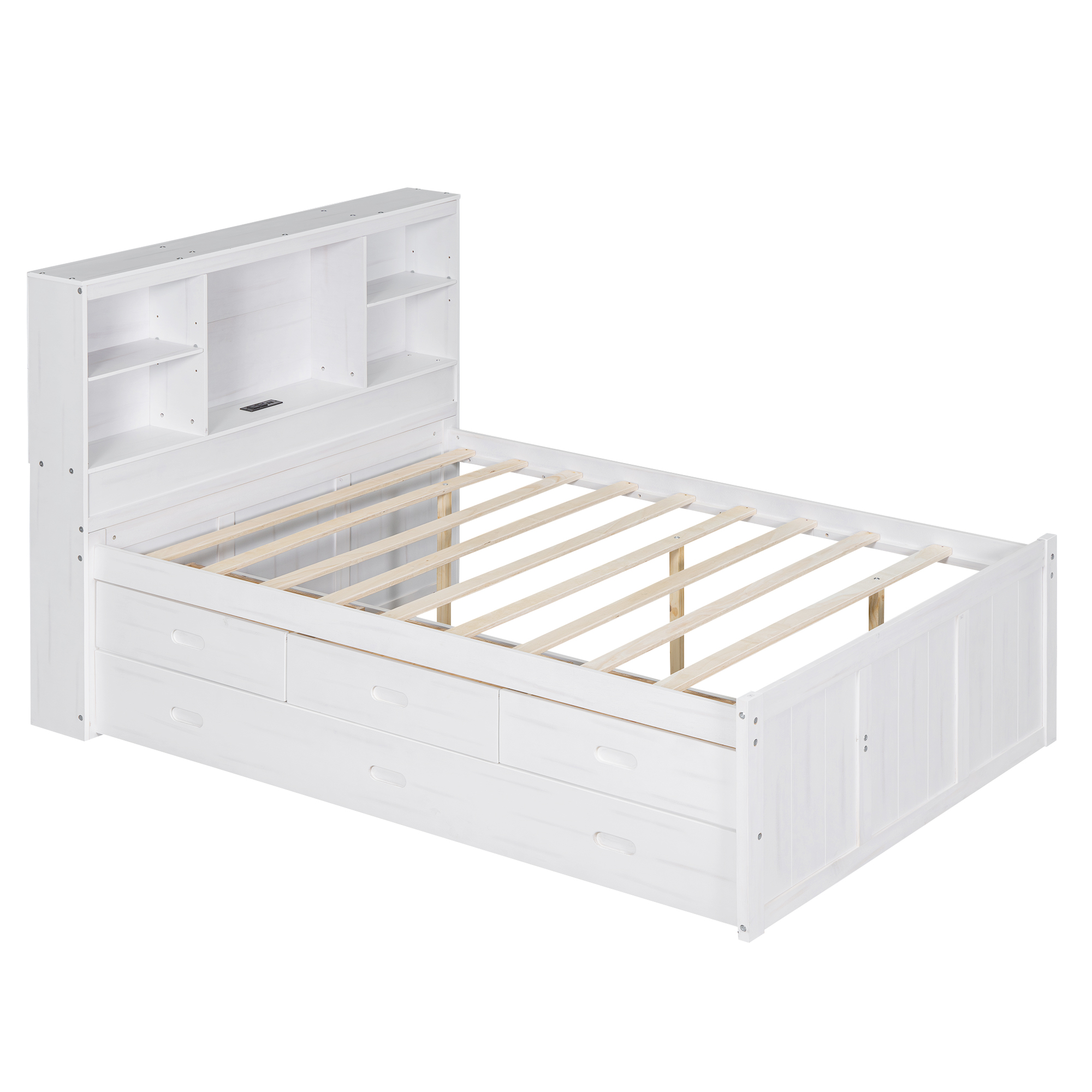 Full Size Platform Bed with Storage Headboard, Charging Station, Twin Size Trundle and 3 Drawers, Antique Brown / Antique White