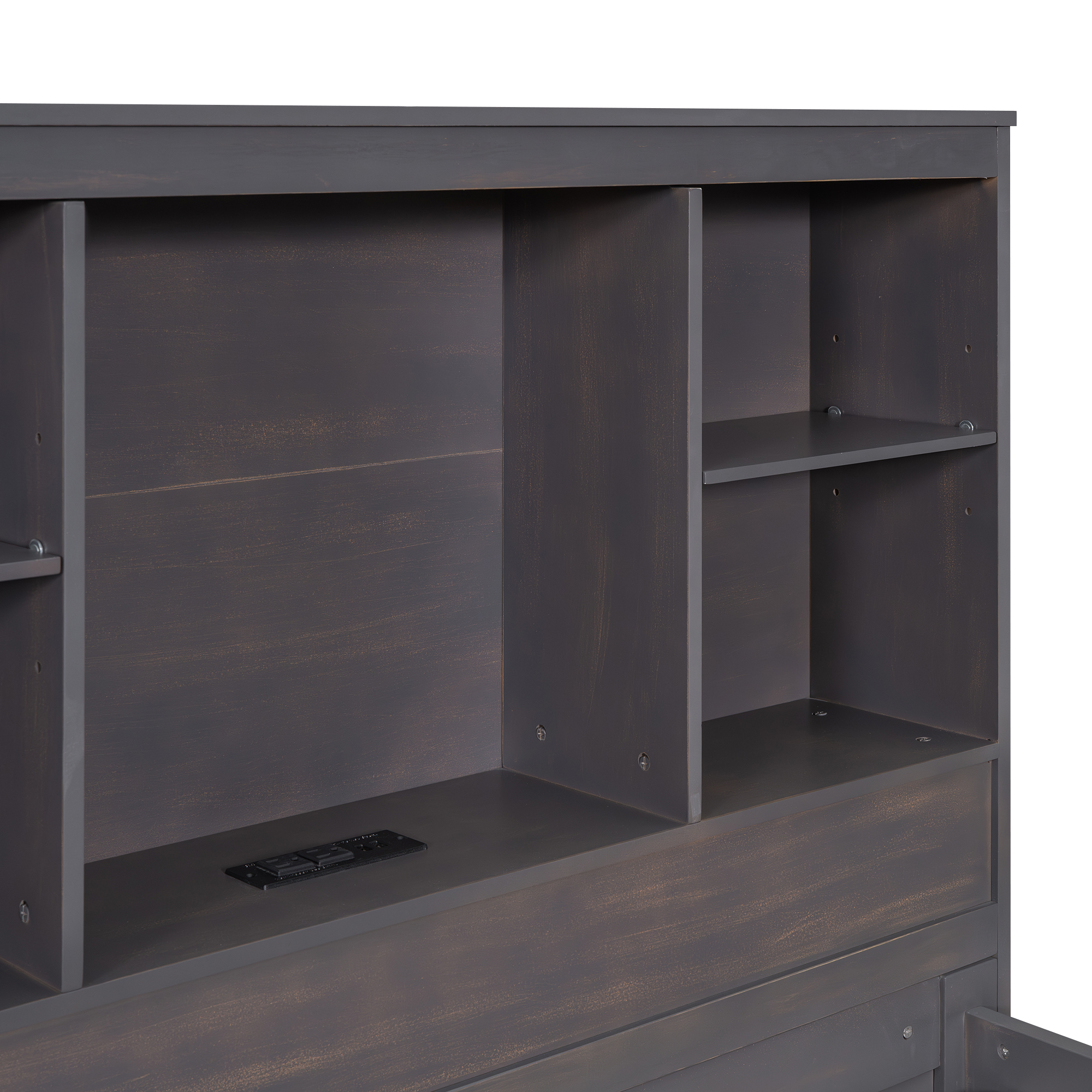 Mondawe Twin Size Platform Bed with Storage Headboard, Charging Station, Twin Size Trundle and 3 Drawers, Antique Brown / Antique White