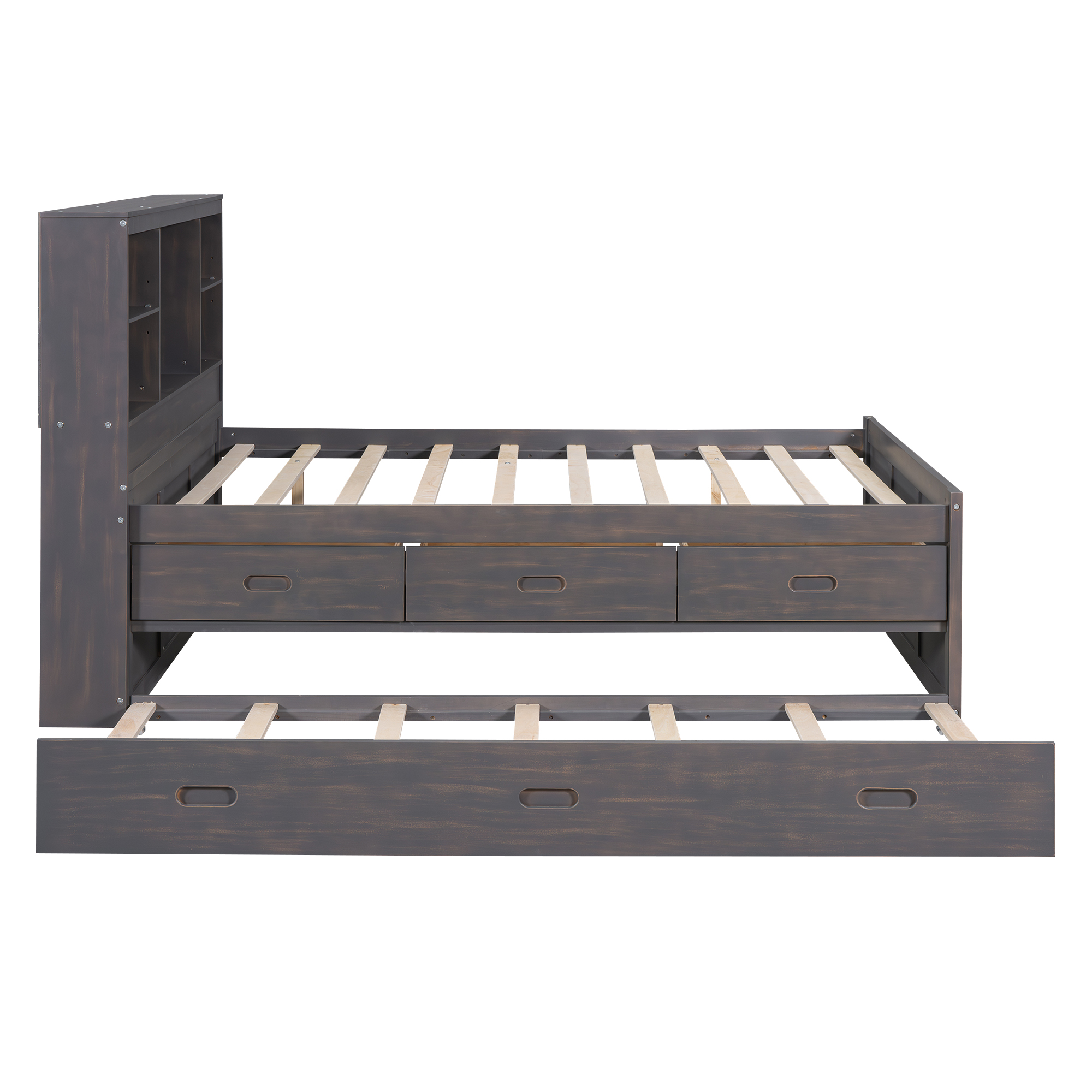 Full Size Platform Bed with Storage Headboard, Charging Station, Twin Size Trundle and 3 Drawers, Antique Brown / Antique White