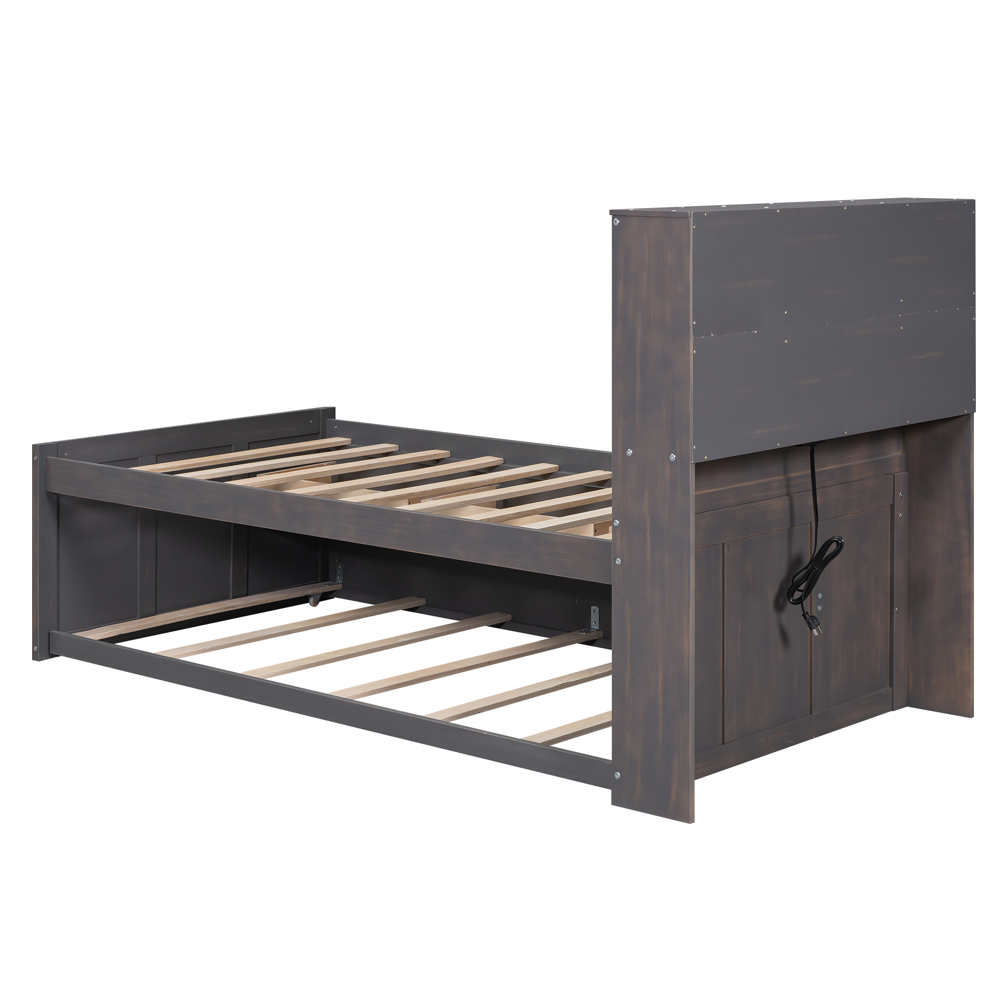 Mondawe Twin Size Platform Bed with Storage Headboard, Charging Station, Twin Size Trundle and 3 Drawers, Antique Brown / Antique White