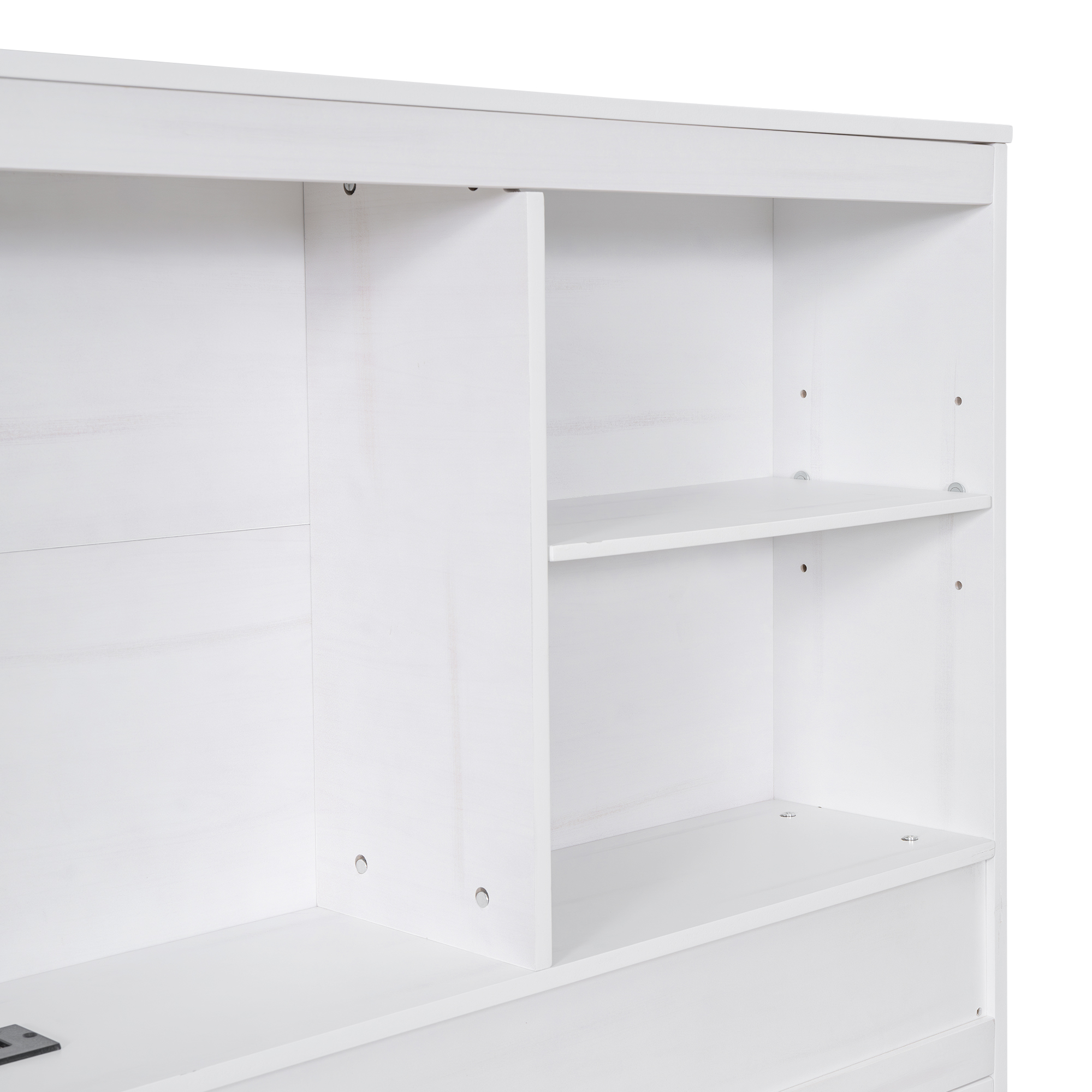 Full Size Platform Bed with Storage Headboard, Charging Station, Twin Size Trundle and 3 Drawers, Antique Brown / Antique White