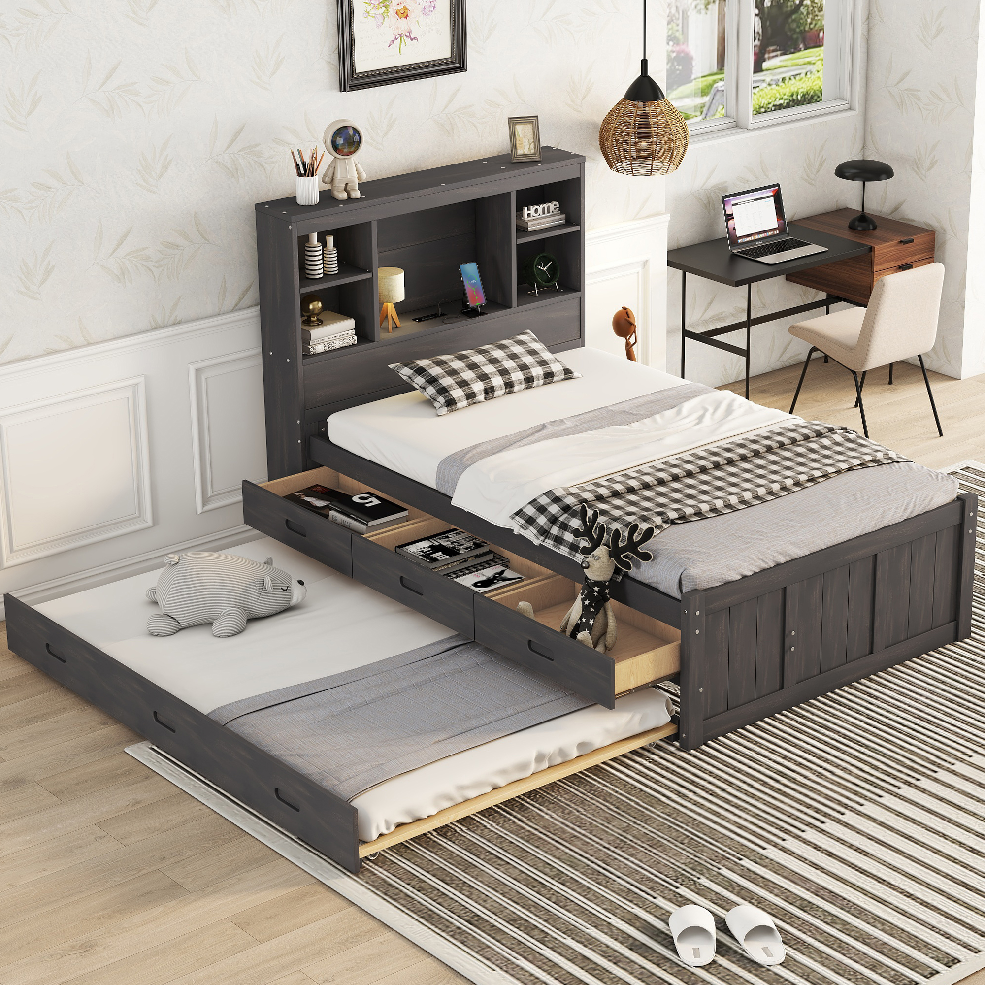 Mondawe Twin Size Platform Bed with Storage Headboard, Charging Station, Twin Size Trundle and 3 Drawers, Antique Brown / Antique White