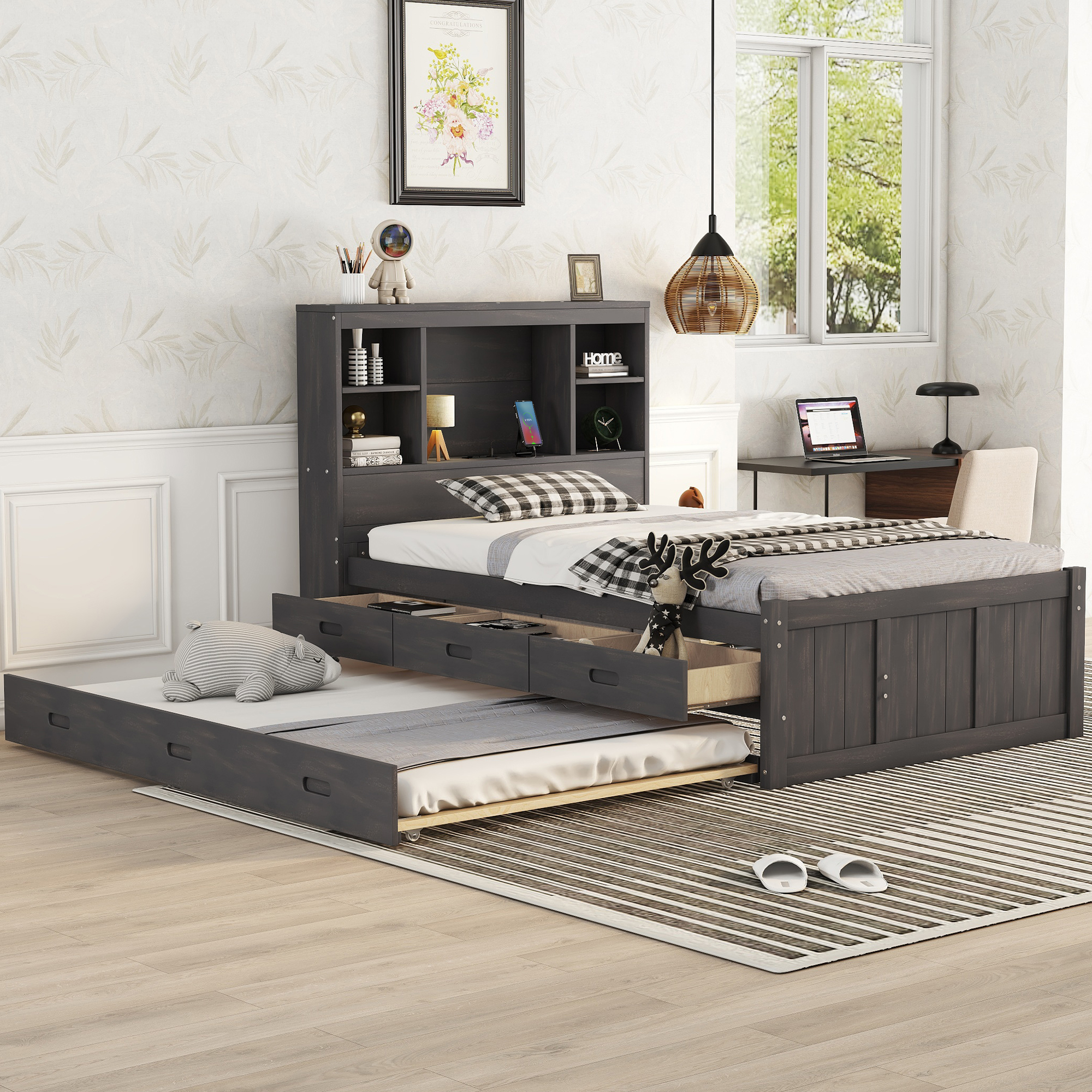 Mondawe Twin Size Platform Bed with Storage Headboard, Charging Station, Twin Size Trundle and 3 Drawers, Antique Brown / Antique White