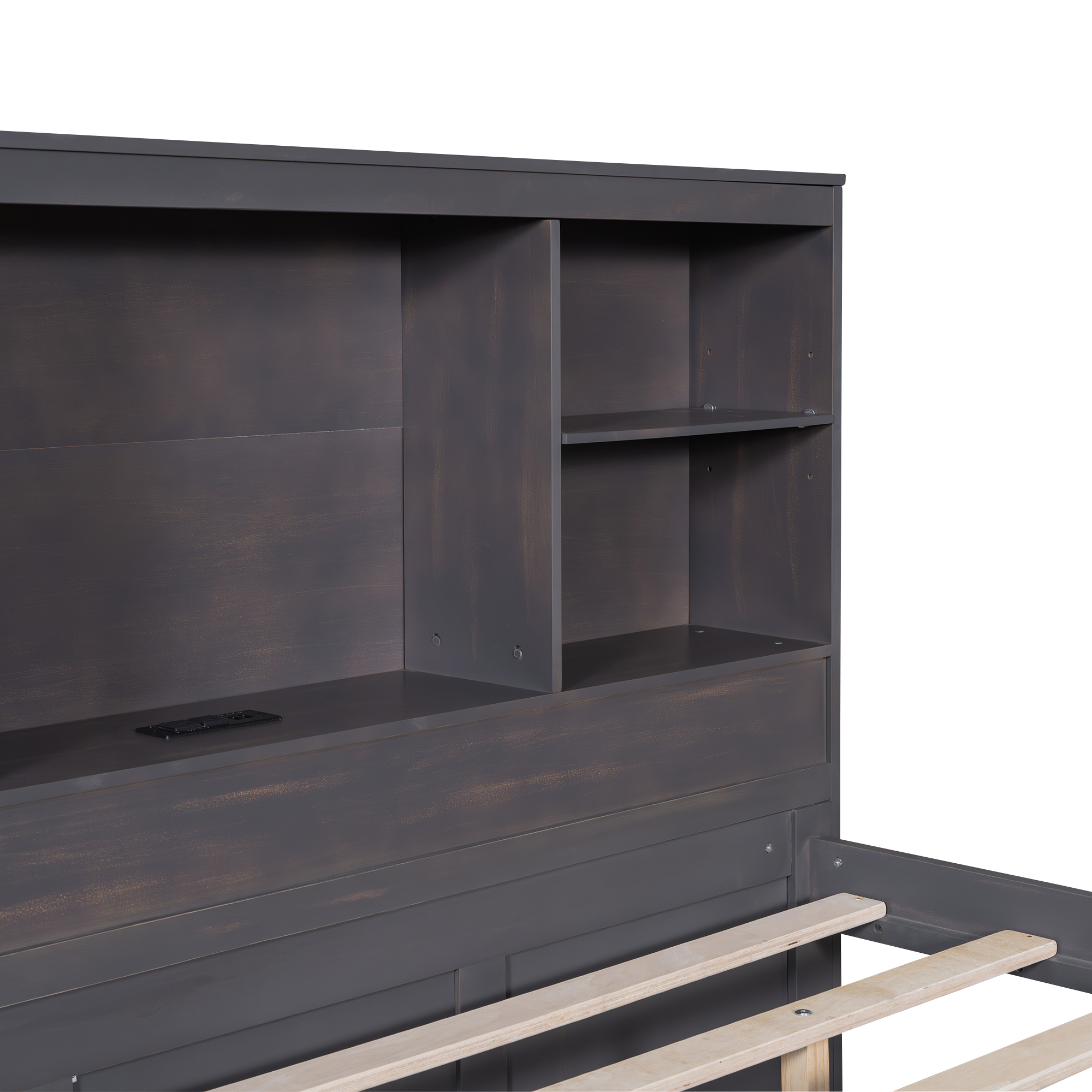 Full Size Platform Bed with Storage Headboard, Charging Station, Twin Size Trundle and 3 Drawers, Antique Brown / Antique White