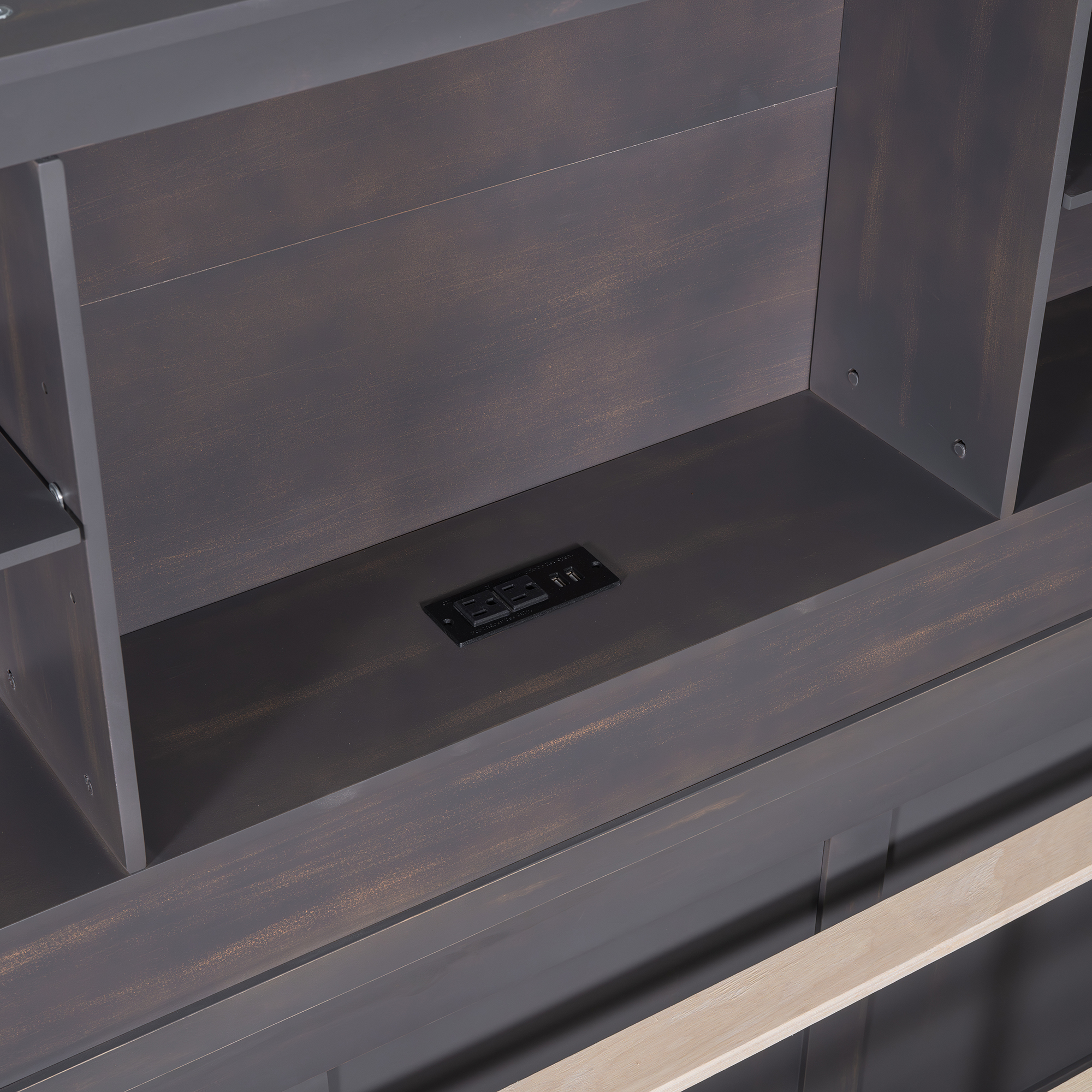 Full Size Platform Bed with Storage Headboard, Charging Station, Twin Size Trundle and 3 Drawers, Antique Brown / Antique White