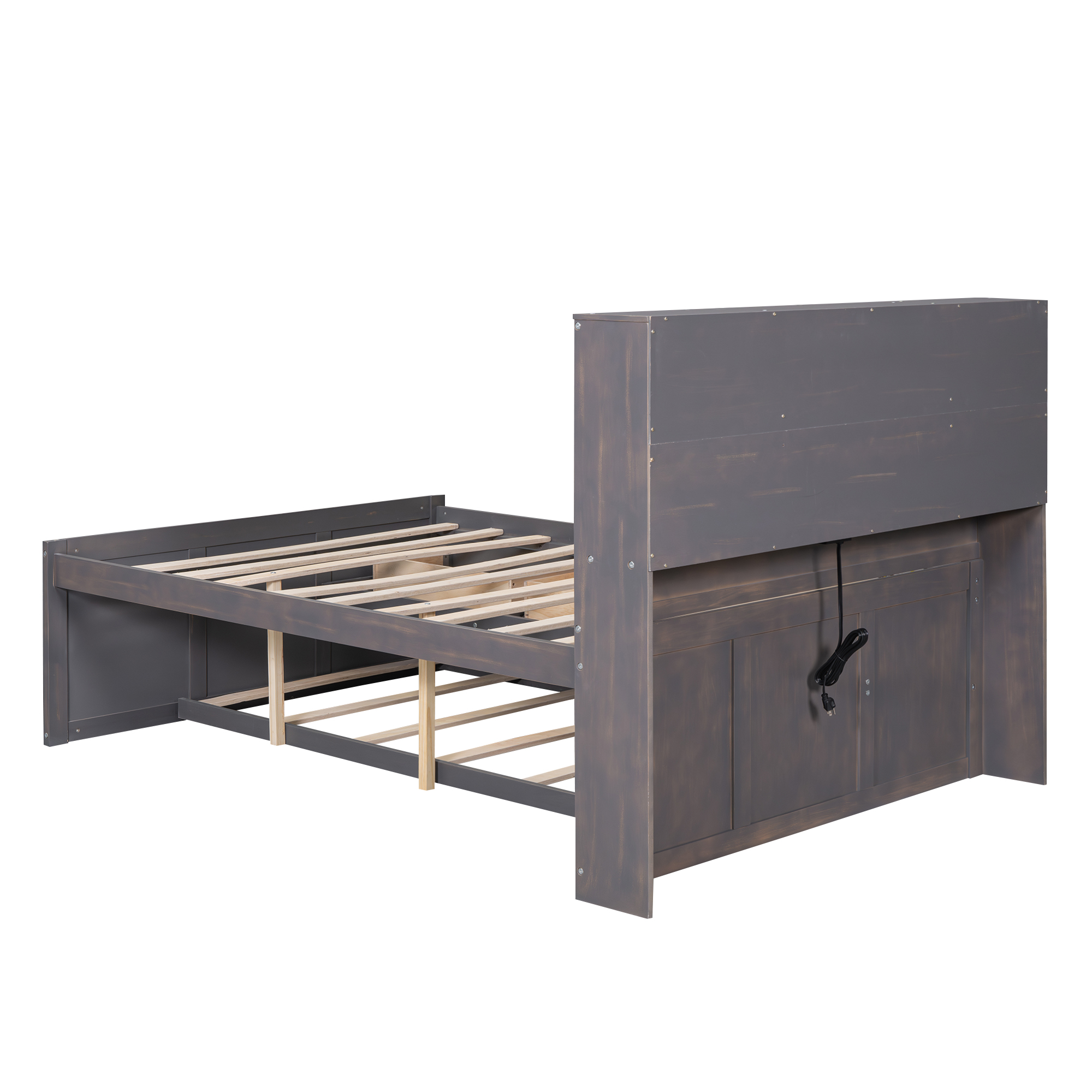 Full Size Platform Bed with Storage Headboard, Charging Station, Twin Size Trundle and 3 Drawers, Antique Brown / Antique White