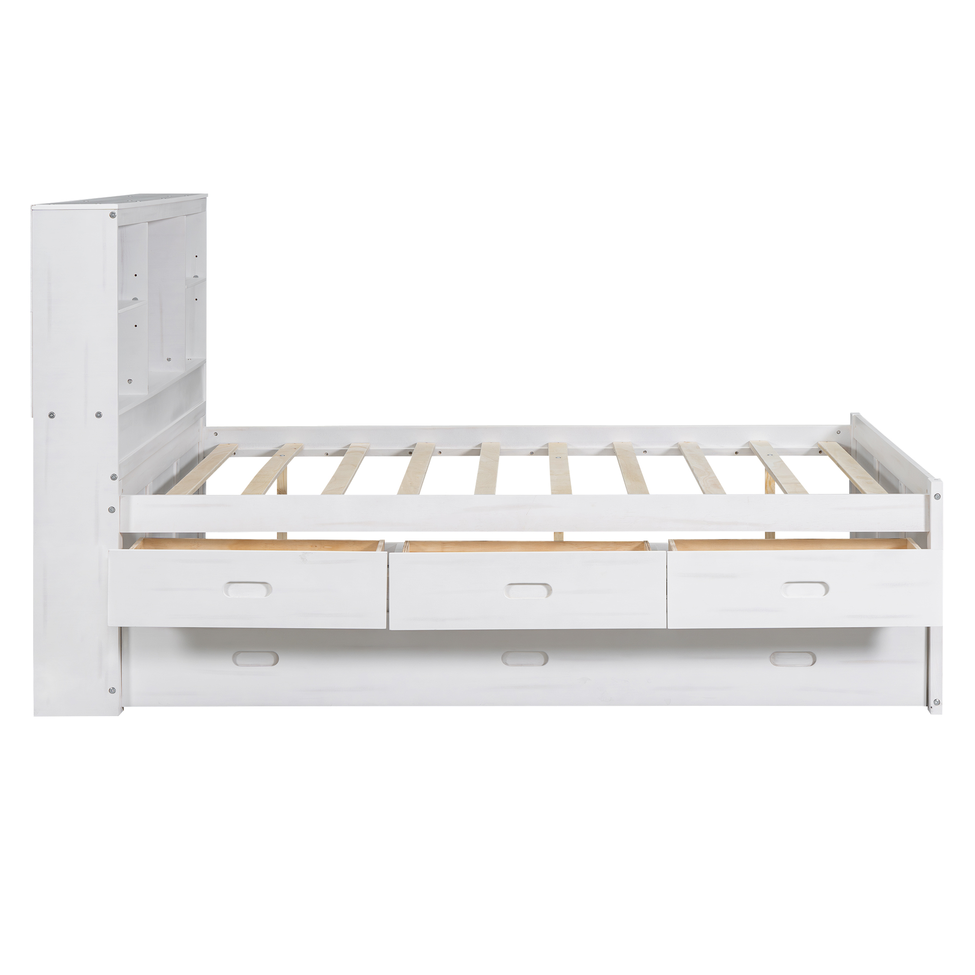 Full Size Platform Bed with Storage Headboard, Charging Station, Twin Size Trundle and 3 Drawers, Antique Brown / Antique White