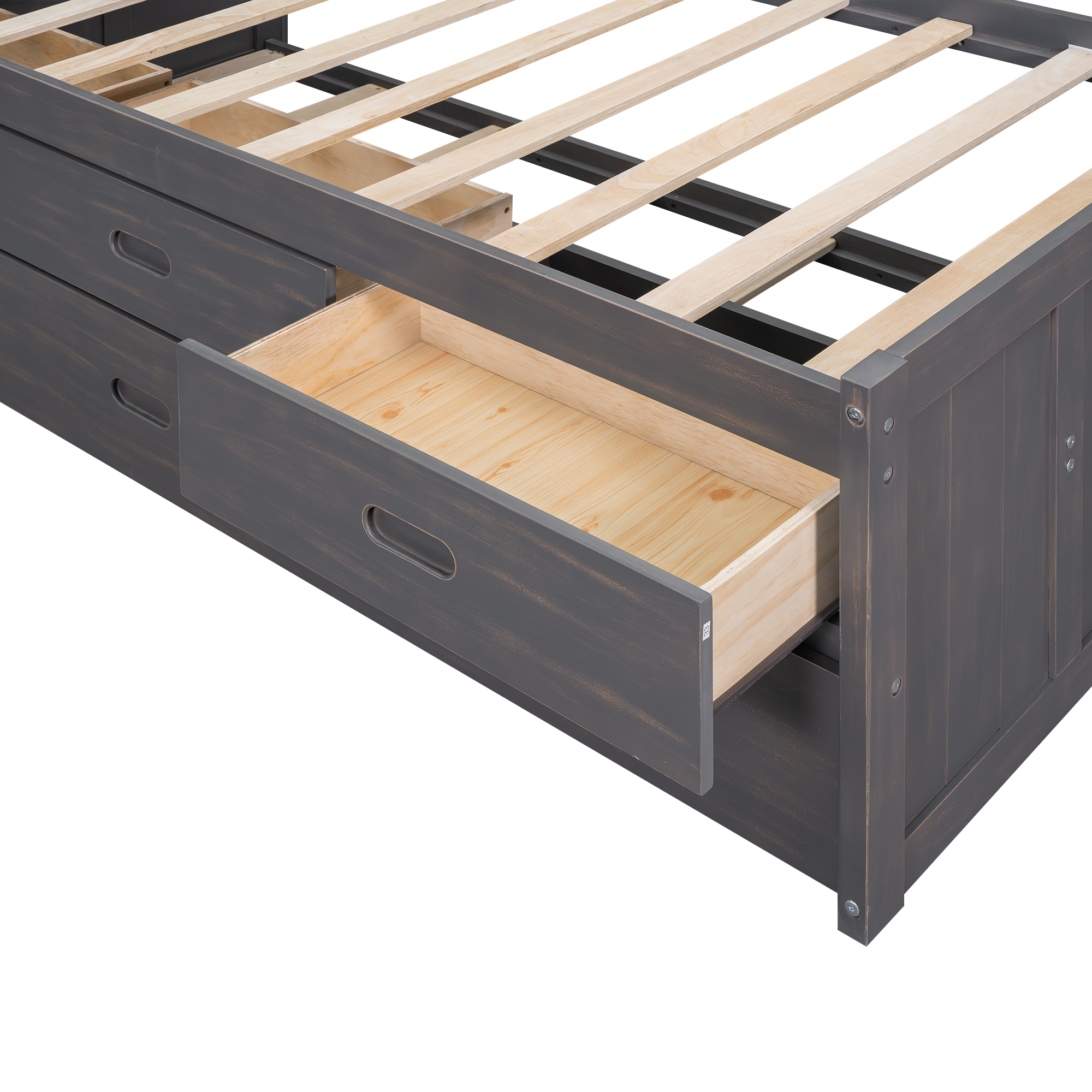 Mondawe Twin Size Platform Bed with Storage Headboard, Charging Station, Twin Size Trundle and 3 Drawers, Antique Brown / Antique White