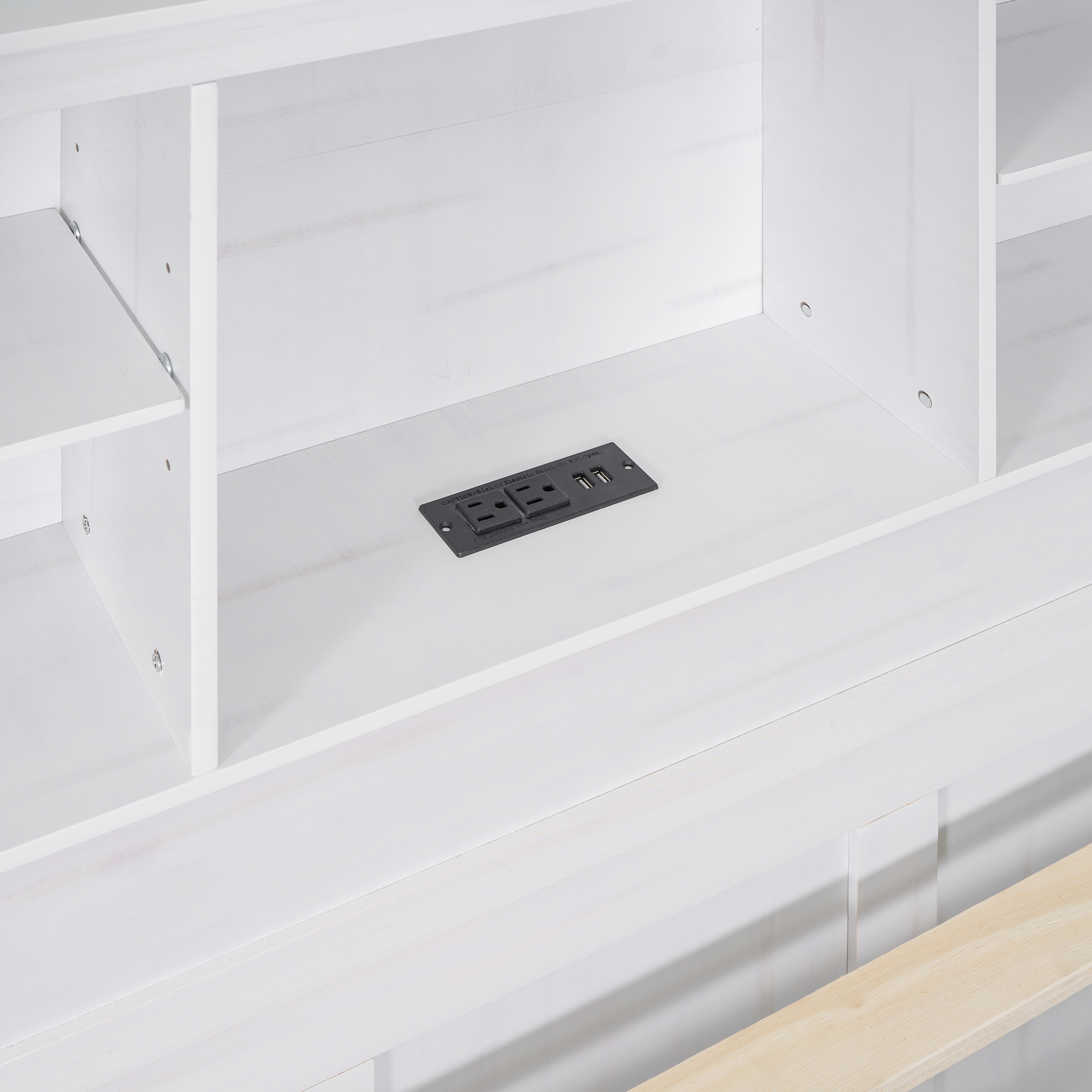 Mondawe Twin Size Platform Bed with Storage Headboard, Charging Station, Twin Size Trundle and 3 Drawers, Antique Brown / Antique White