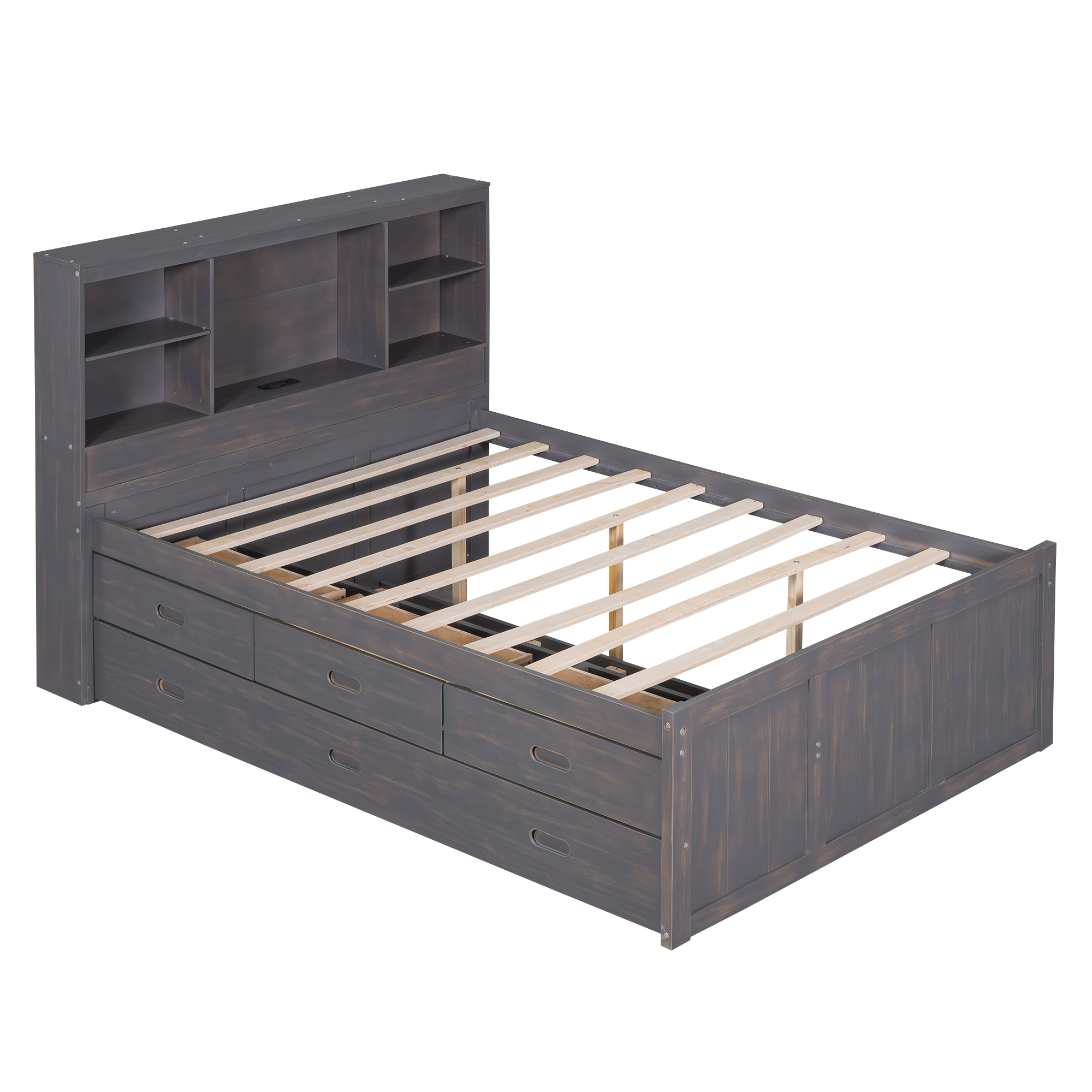 Full Size Platform Bed with Storage Headboard, Charging Station, Twin Size Trundle and 3 Drawers, Antique Brown / Antique White