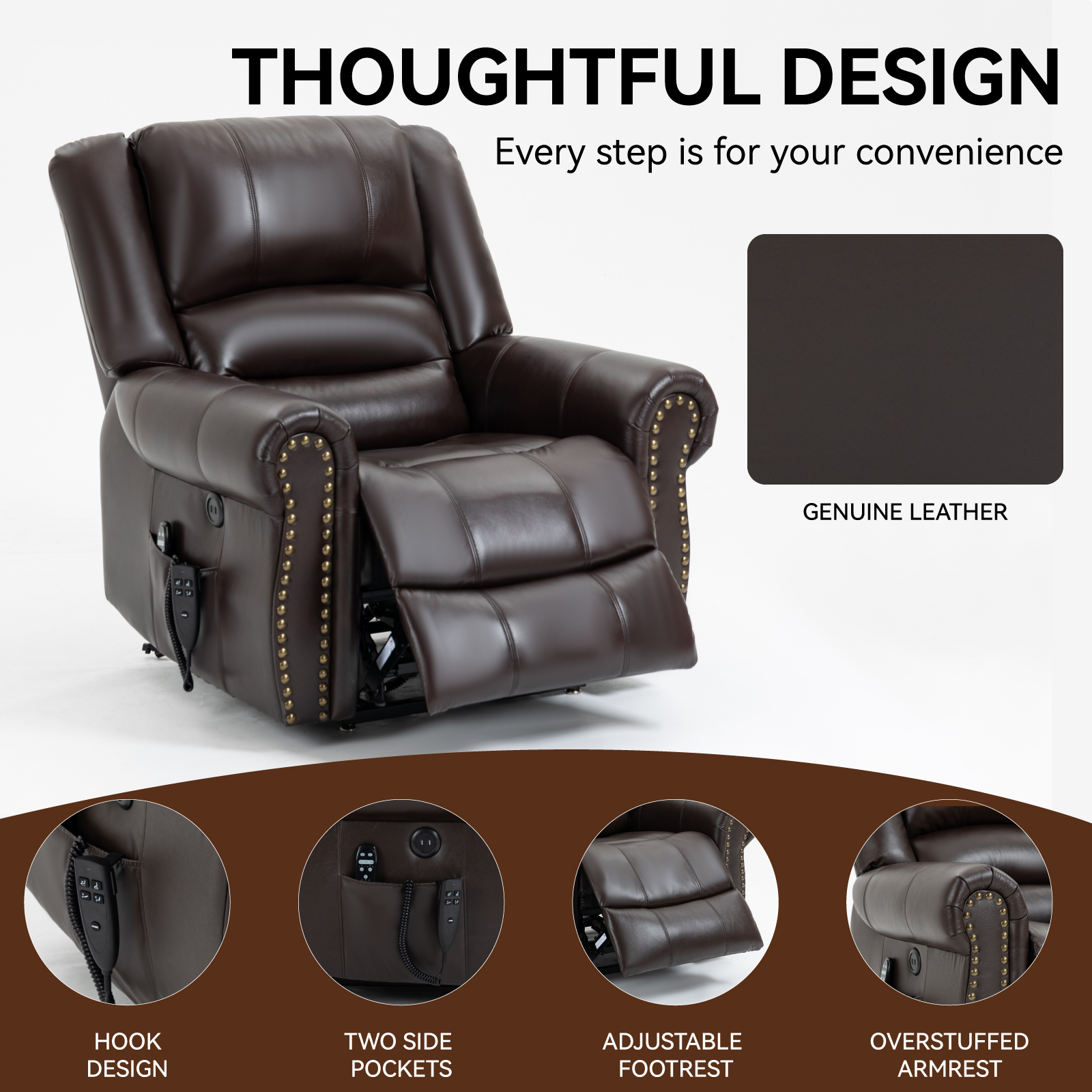 Power Lift Recliner Chair Heat Massage Dual Motor Infinite Position Up to 350 LBS, Faux Leather, Heavy Duty Motion Mechanism with USB Ports,  Antique Brown/Grey/Black/Brown