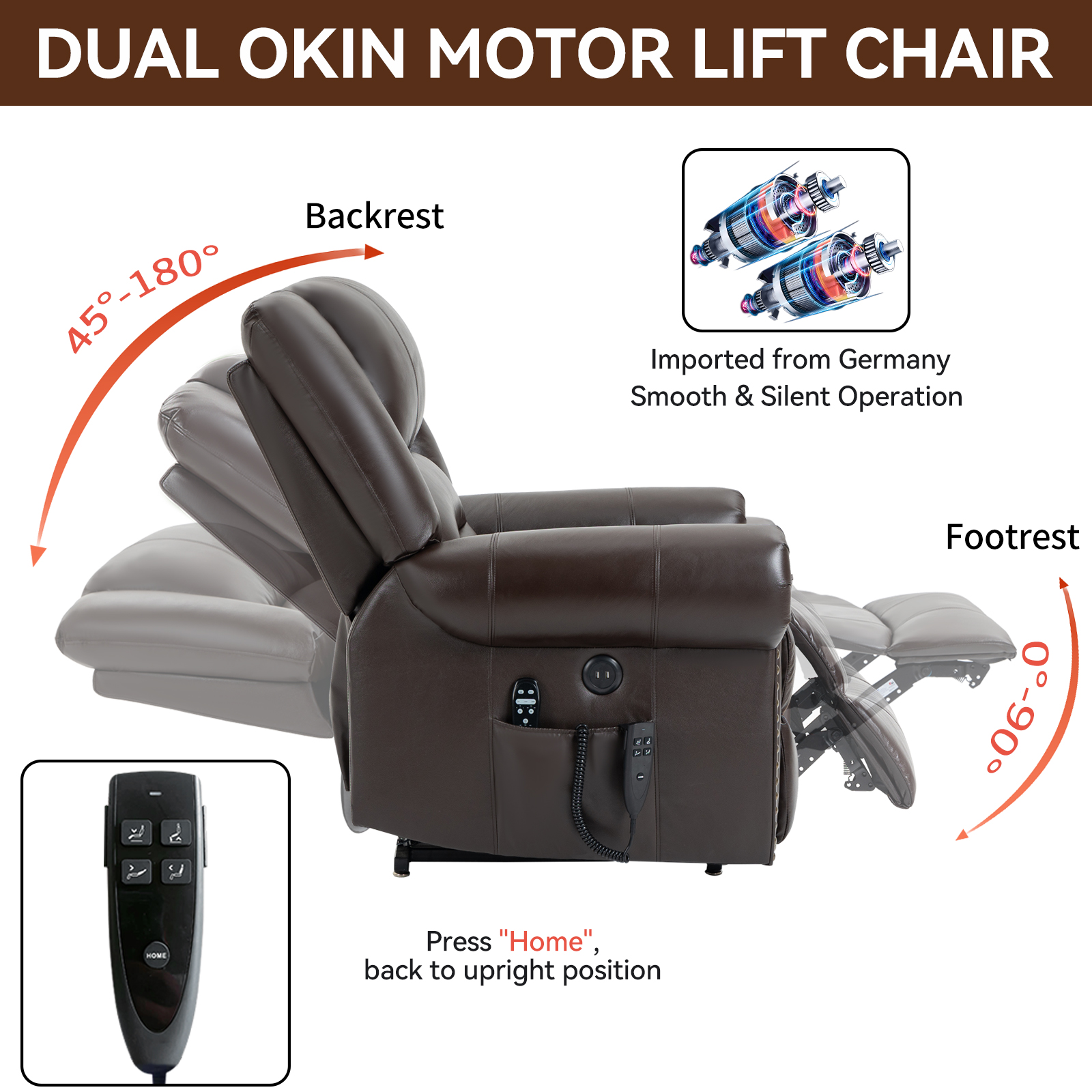 Power Lift Recliner Chair Heat Massage Dual Motor Infinite Position Up to 350 LBS, Faux Leather, Heavy Duty Motion Mechanism with USB Ports,  Antique Brown/Grey/Black/Brown